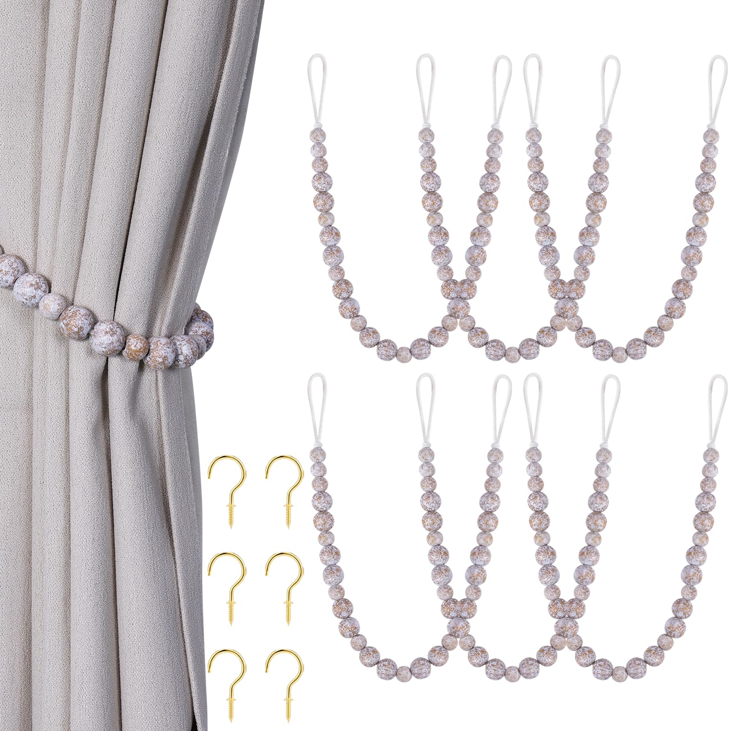 Wood Bead Curtain Tiebacks, KLOGTSIND Set of 2 Curtain Holdbacks for Thin or Thick Window Draperies, Boho Farmhouse Curtain Tiebacks with Hooks, Curtain Tie Backs for Home Office Room Decor