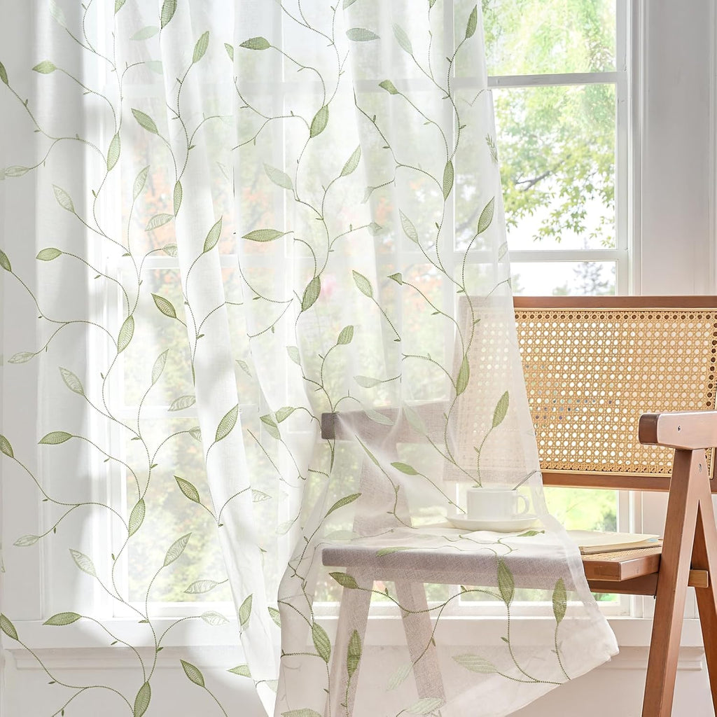 Lazzzy Sheer Curtains Embroidered Floral Leaf Voile Drapes for Bedroom Living Room Back Tabs Window Treatments 2 Panels 84 Inches Green on White