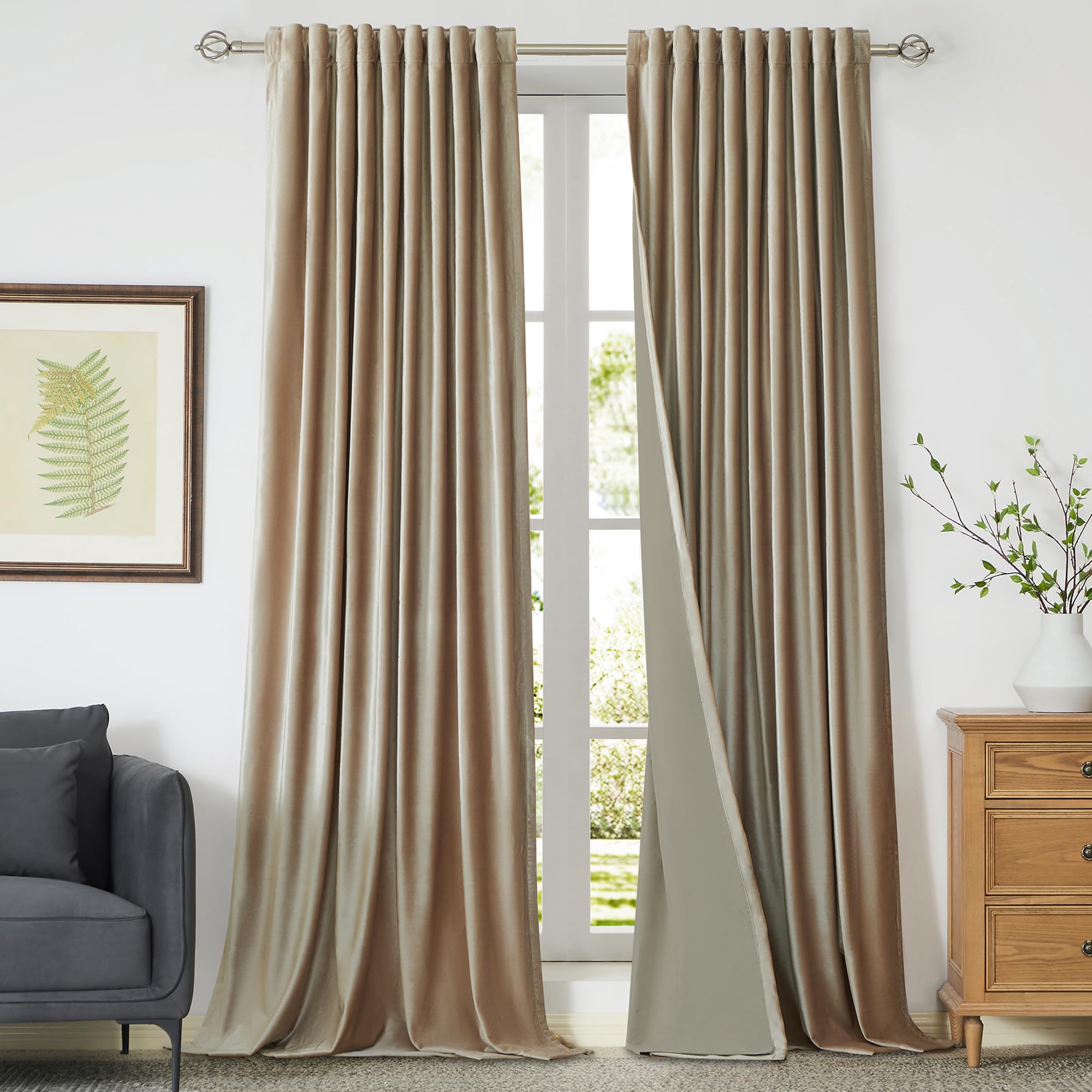 100% Blackout Ivory Off White Velvet Curtains 84 inch Long for Living Room,Set of 2 Panels Liner Rod Pocket Back Tab Thermal Window Drapes Room Darkening Heavy Decorative Curtains for Bedroom