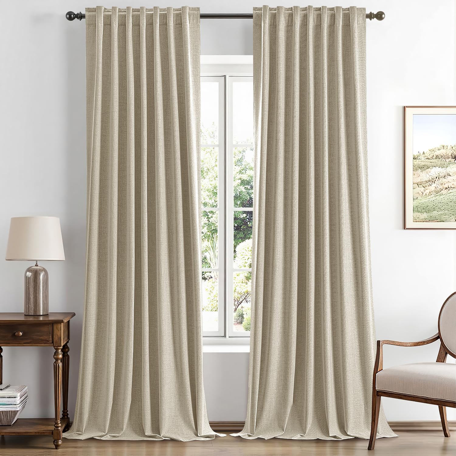 MIULEE 100% Blackout Linen Curtains for Bedroom, Ivory Solid Luxury Decor Thermal Insulation Room Darkening Drapes for Living Room Nursery Back Tab Rod Pocket 42 x 84 Inches, 2 Panels
