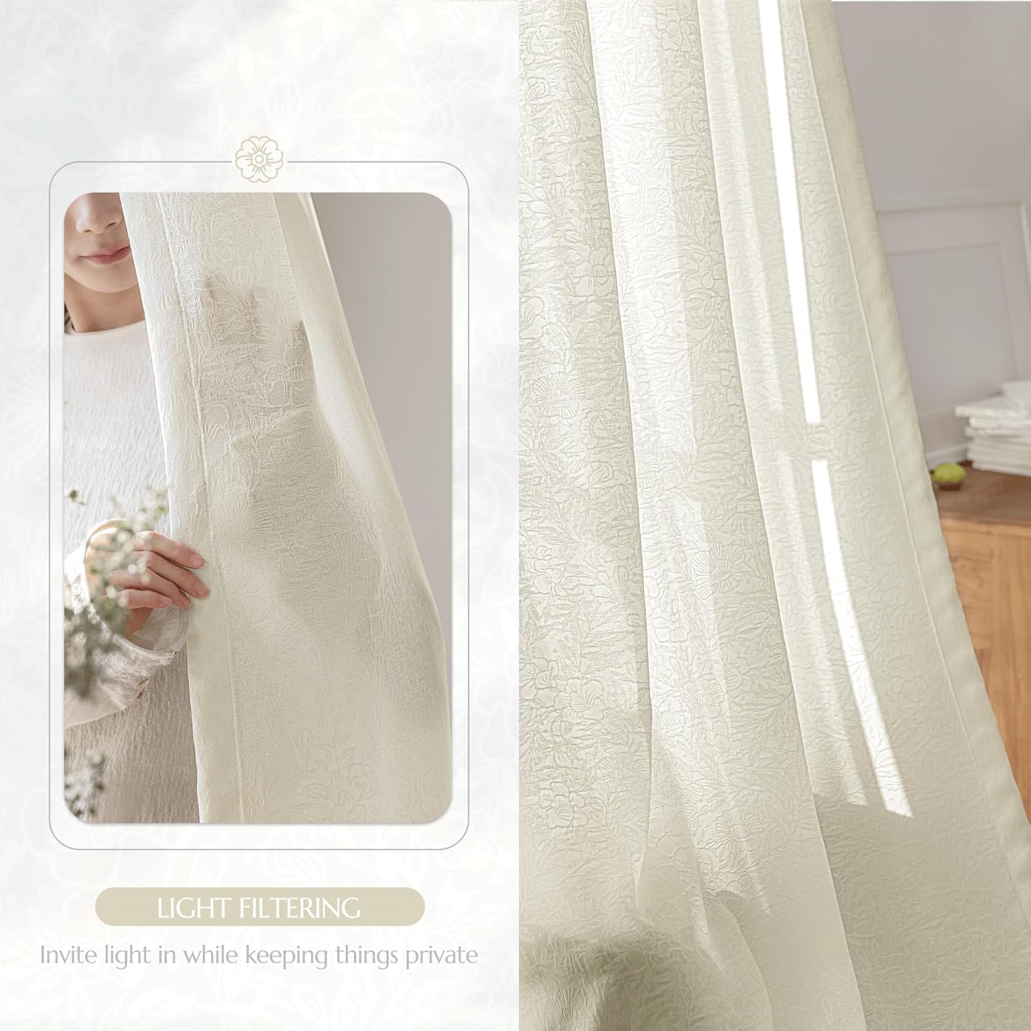 Beauoop Beige Semi Sheer Curtains 84 Inches Long for Living Room, Floral Jacquard Voile Light Filtering Privacy Curtains for Bedroom Dining Room Flower Textured Rod Pocket Window Drapes, 2 Panels