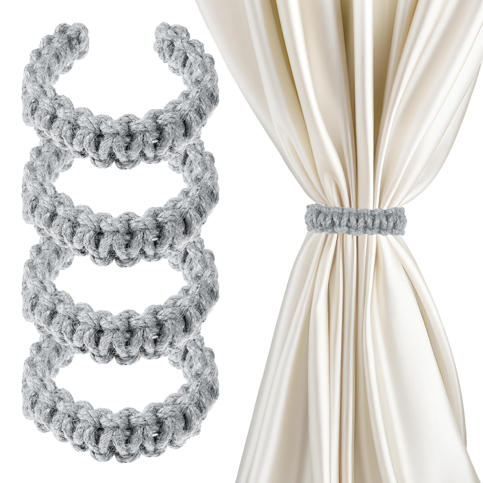 Ptwola 4 Pack Braided Curtain Tiebacks Boho Elegant Rustic Curtain Holdbacks Tie Backs Holders Set Simple Light Weight Drapes Decorative Accessories Handmade for Home Office Bedroom Window (4, Linen)