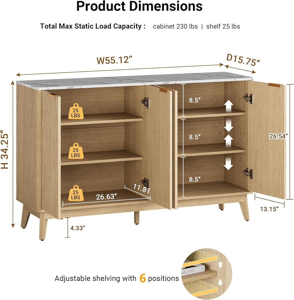 Sideboard Cabinet, 55'' Buffet Cabinet with Faux Marble Top & Adjustable Shelf, Modern Fluted Storage Cabinet, Accent Credenza Sideboard for Kitchen, Living Room, Entryway