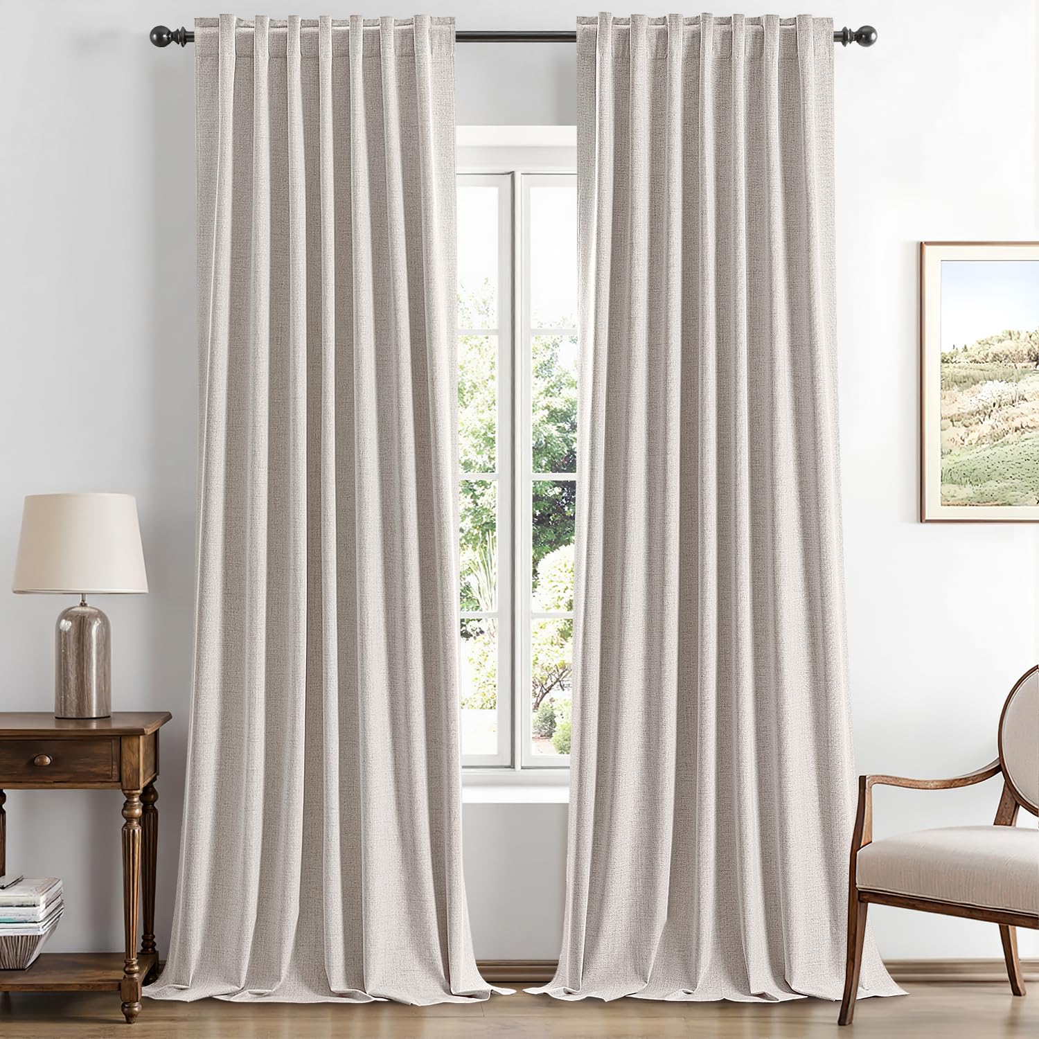 MIULEE 100% Blackout Linen Curtains for Bedroom, Ivory Solid Luxury Decor Thermal Insulation Room Darkening Drapes for Living Room Nursery Back Tab Rod Pocket 42 x 84 Inches, 2 Panels