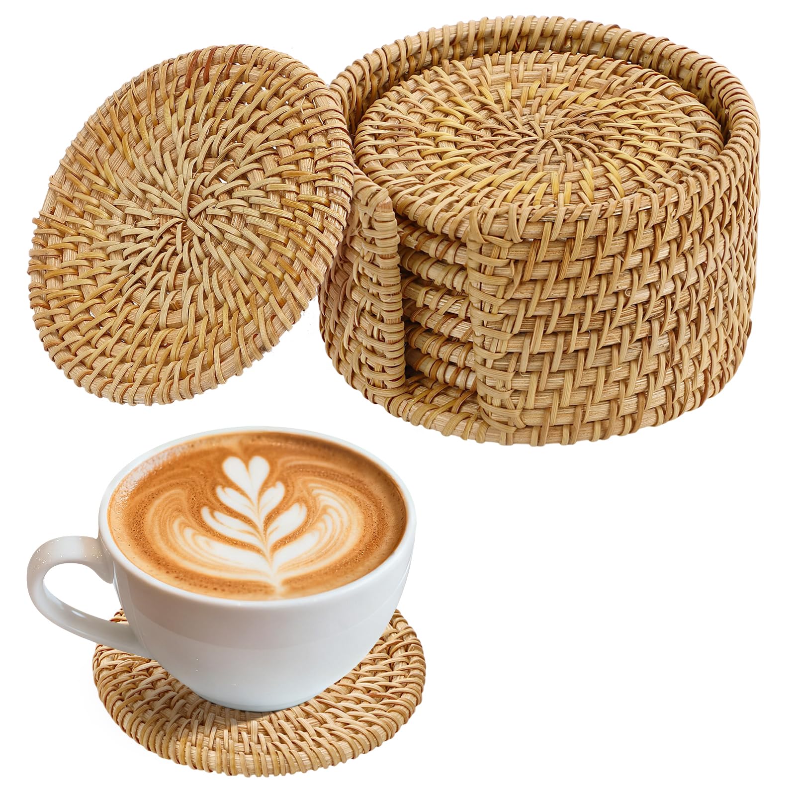 6pcs Natural Handmade Rattan Coasters with Holder - Wicker Drink Coasters Set, Housewarming Gifts Boho Summer Home Coastal Decor