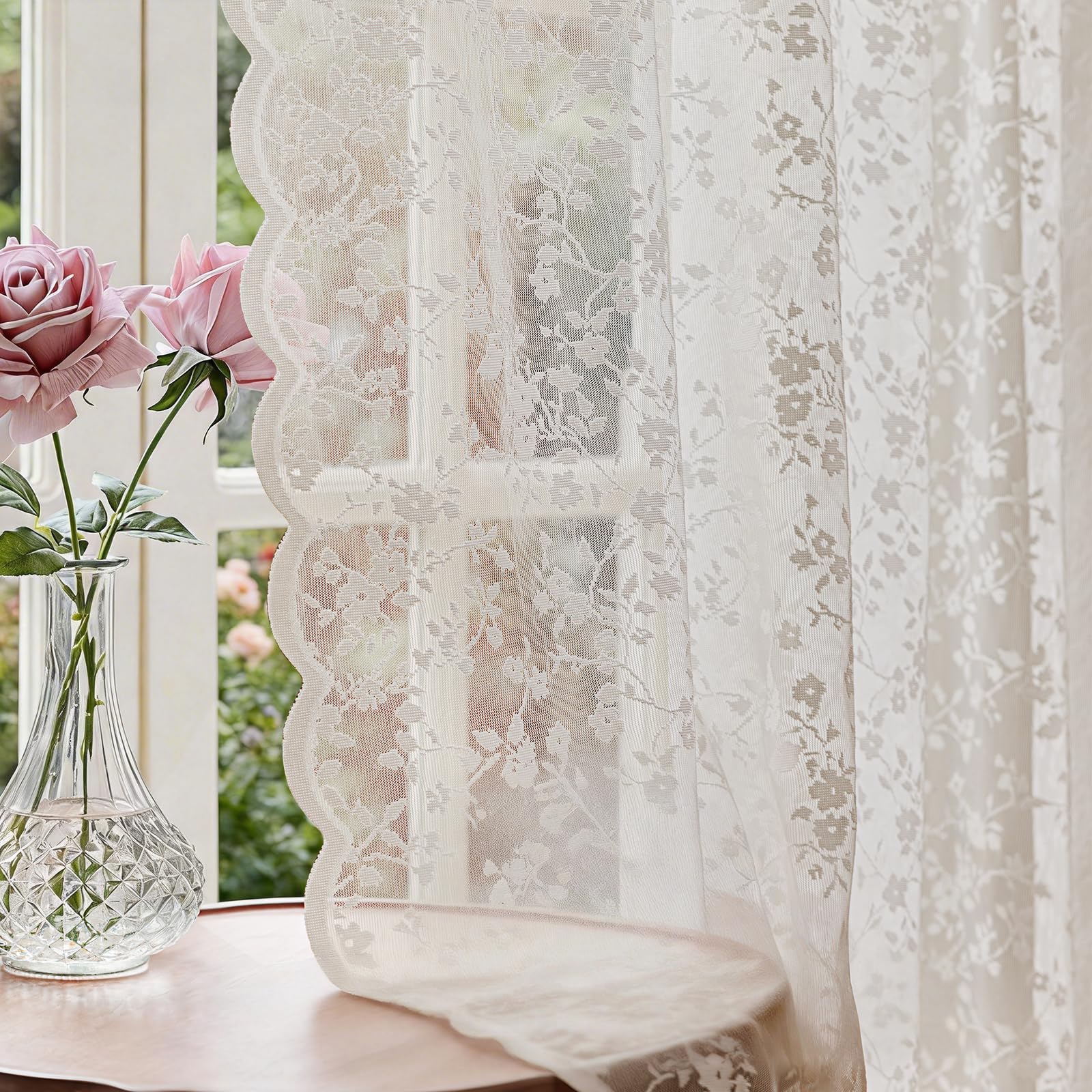 Anmao Vintage Lace Sheer Curtains 96 Inches Long - Romantic Floral Semi-Sheer Voile Panels for Living Room & Bedroom, Rod Pocket Light Filtering Drapes, Set of 2 Panels (52" W x 96" L), White