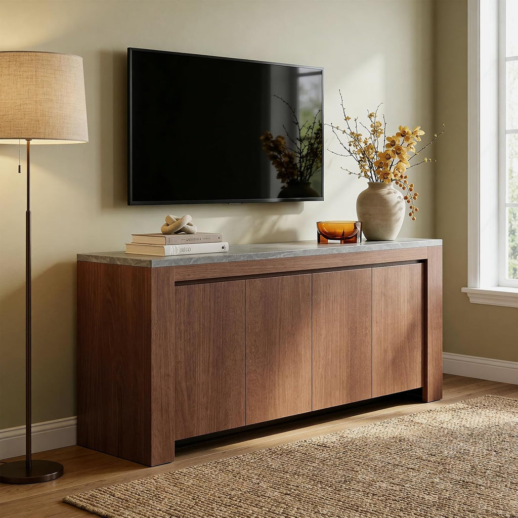 Buffet Cabinet with Storage, 63" Sideboard Buffet Accent Cabinet with Faux Marble Top & 4 Doors, Modern Buffet Table Credenza Cabinets for Living Room, Dining Room, Kitchen（Walnut）