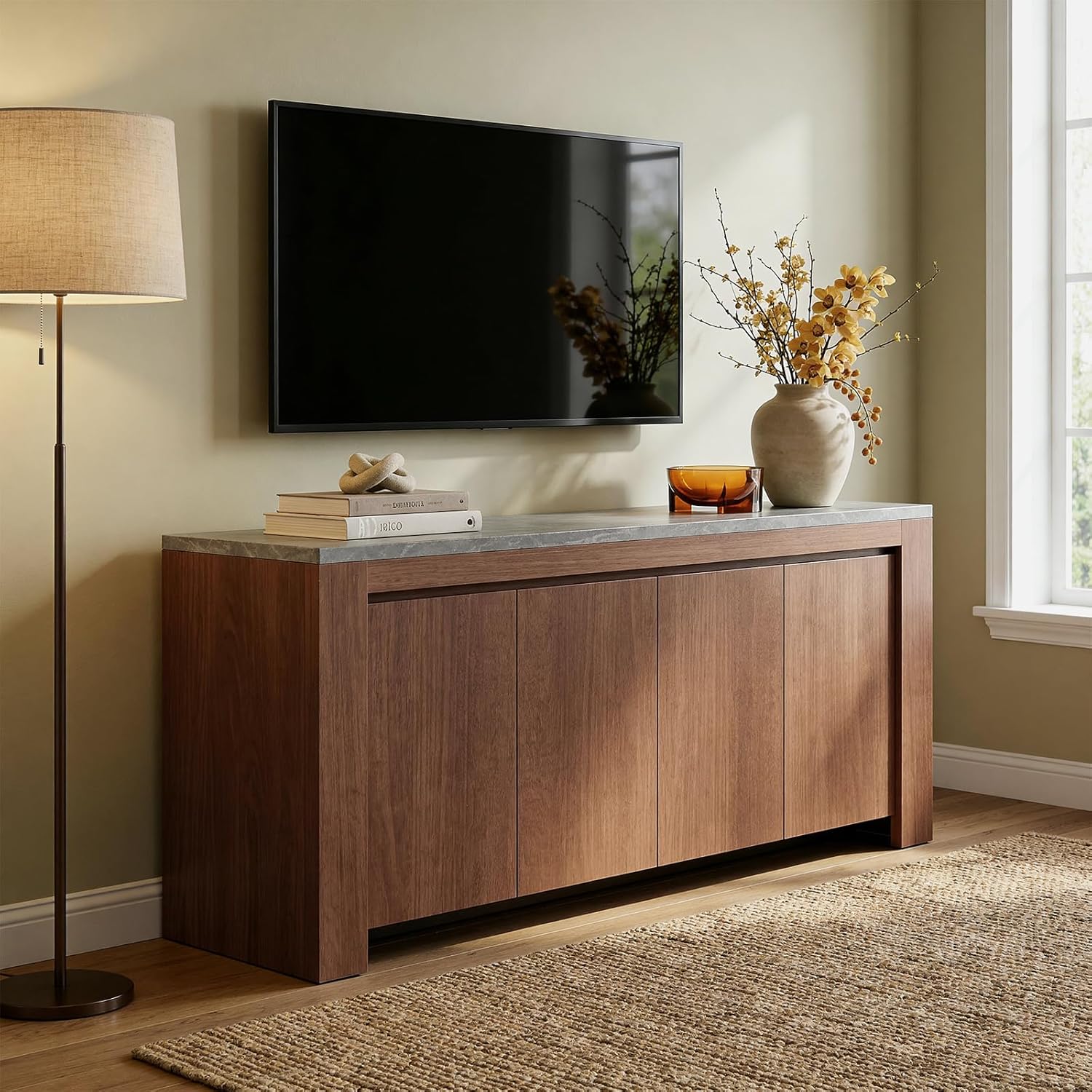 Buffet Cabinet with Storage, 63" Sideboard Buffet Accent Cabinet with Faux Marble Top & 4 Doors, Modern Buffet Table Credenza Cabinets for Living Room, Dining Room, Kitchen（Walnut）