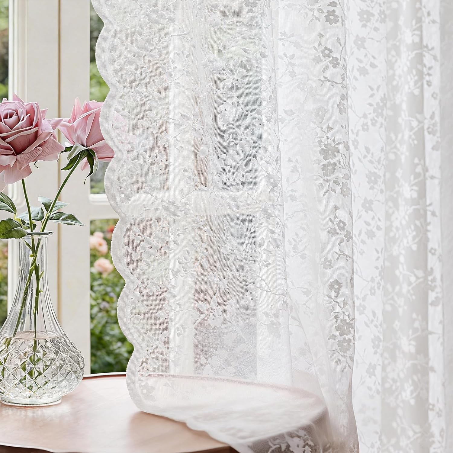 Anmao Vintage Lace Sheer Curtains 96 Inches Long - Romantic Floral Semi-Sheer Voile Panels for Living Room & Bedroom, Rod Pocket Light Filtering Drapes, Set of 2 Panels (52" W x 96" L), White
