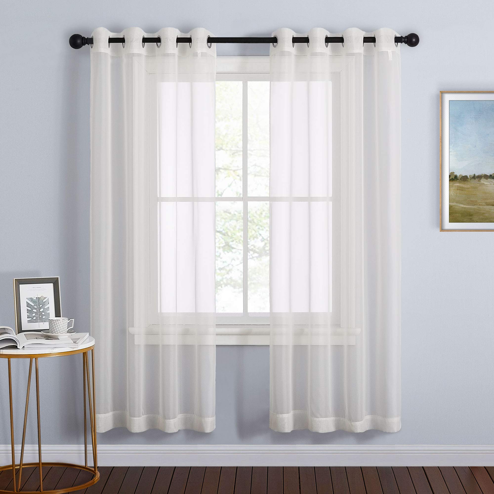 NICETOWN Sheer Curtains Panel 72" Long - Ring Top Window Treatment Sheer Voile Drapes for Bedroom/Living Room (White, Set of 2, W54 x L72)