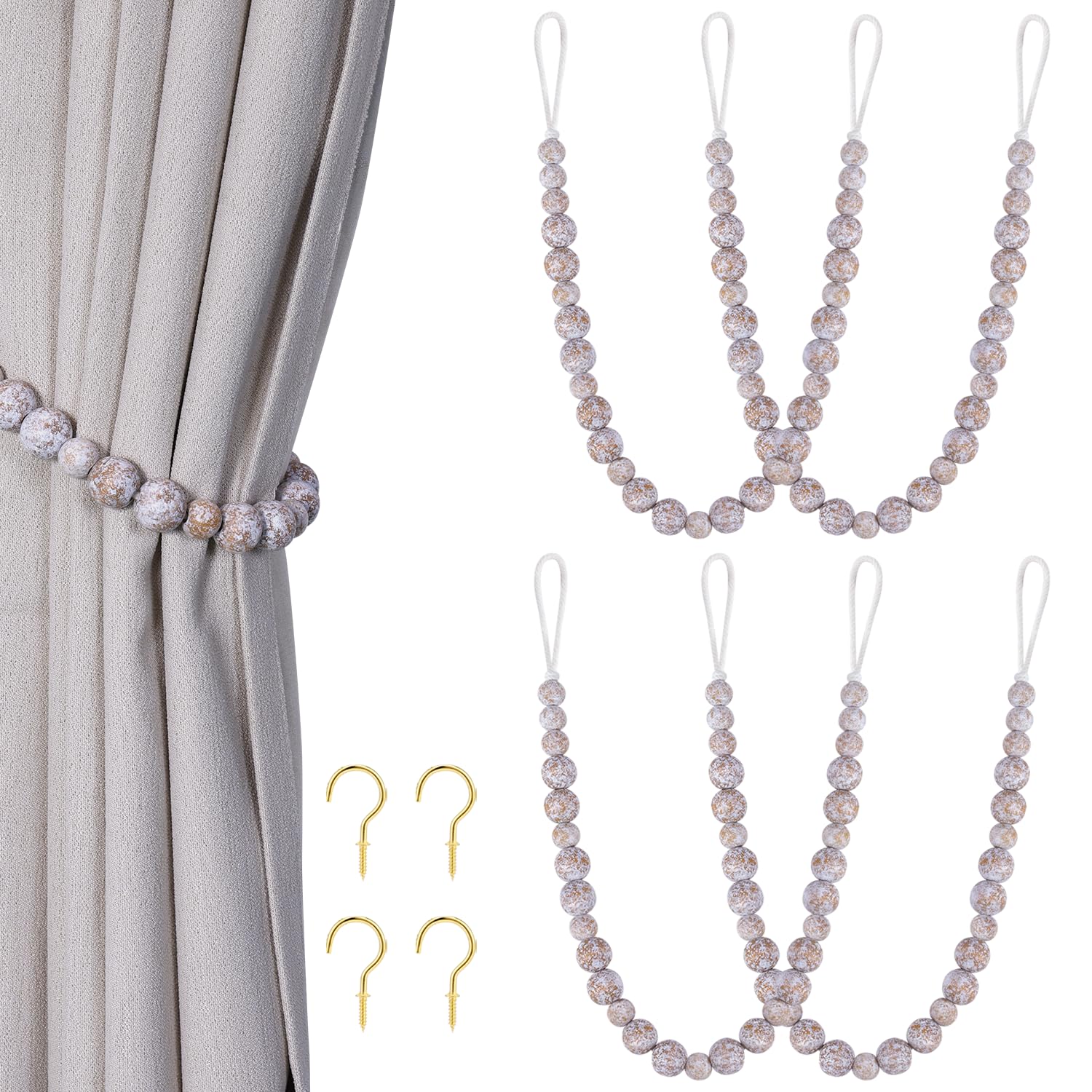 Wood Bead Curtain Tiebacks, KLOGTSIND Set of 2 Curtain Holdbacks for Thin or Thick Window Draperies, Boho Farmhouse Curtain Tiebacks with Hooks, Curtain Tie Backs for Home Office Room Decor