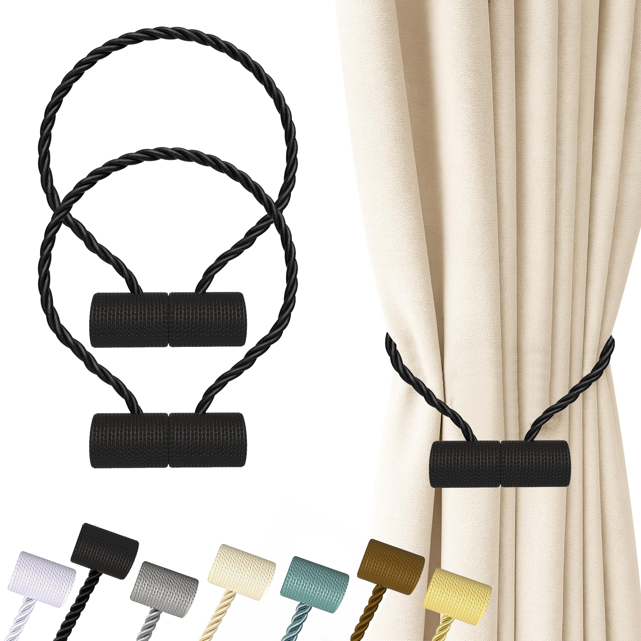 Hion Magnetic Curtain Tiebacks Black 2pcs, Curtain Tiebacks Buckles Holdbacks Holders Hooks Clip for Home Outdoor Bedroom Office Decorative Curtain