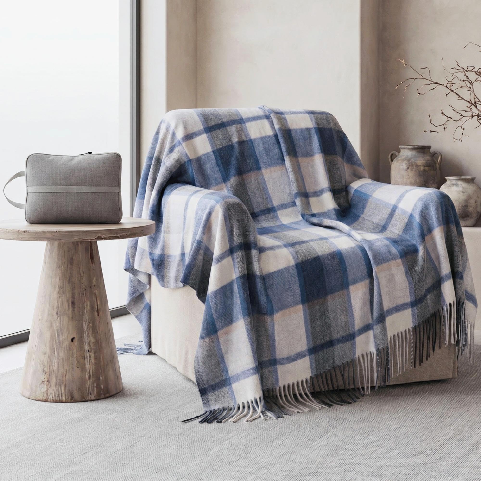Soft Pure Wool Throw Blanket, Lightweight Warmth, 55"x83", Plaid, Fringe, Compact with Bag, Useful Gift for Women Men, All Season Decorative Cozy Travel Blanket for Couch Bed, Outdoors
