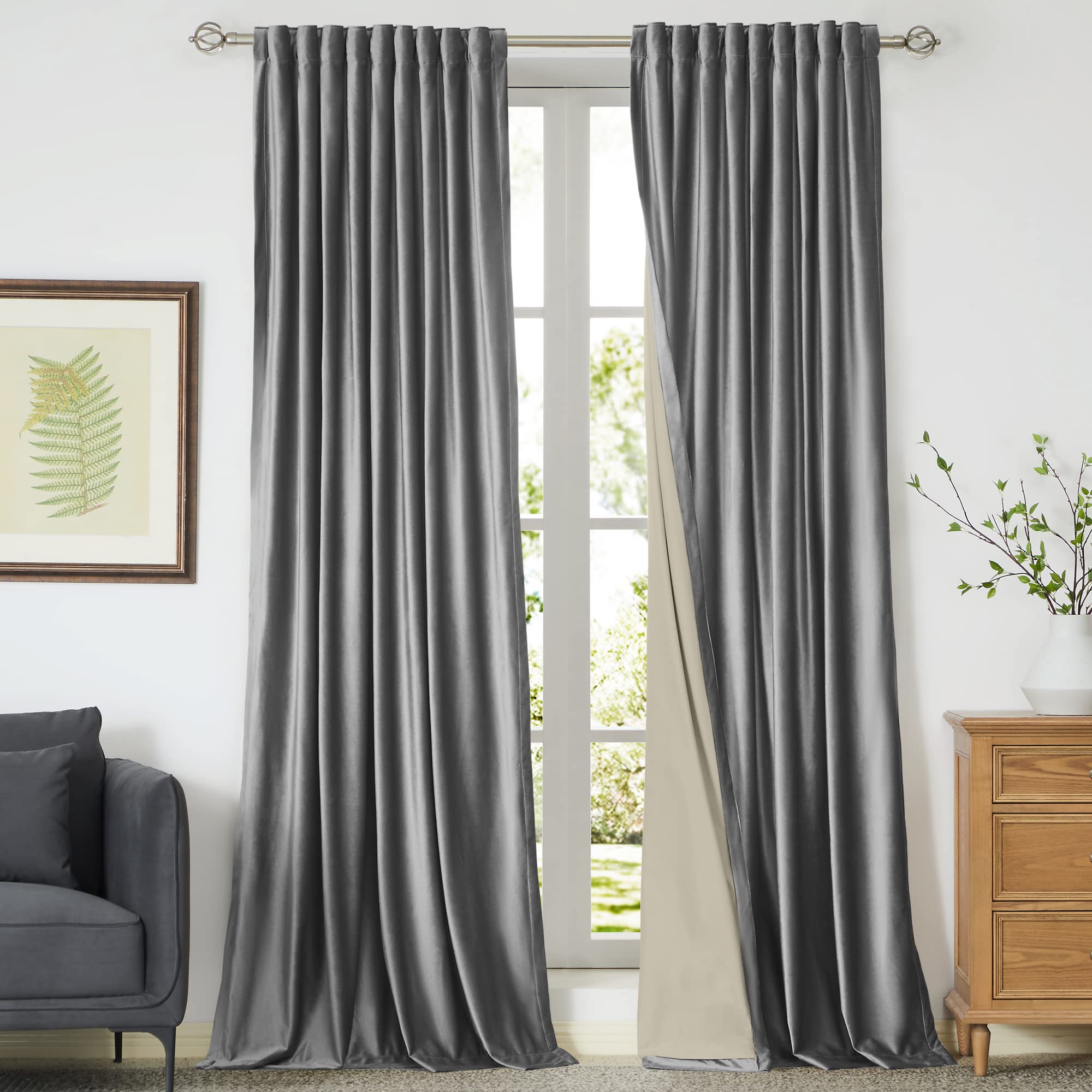 100% Blackout Ivory Off White Velvet Curtains 84 inch Long for Living Room,Set of 2 Panels Liner Rod Pocket Back Tab Thermal Window Drapes Room Darkening Heavy Decorative Curtains for Bedroom