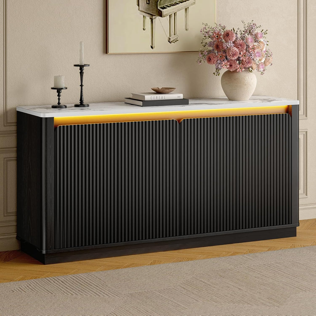 ONBRILL 61" Fluted Buffet Cabinet with Faux Marble Top and LED Light, Curved Sideboard Cabinet with Storage, Coffee Bar with 4 Doors and 2 Adjustable Shelves for Living Room, Kitchen, Entryway (Black)