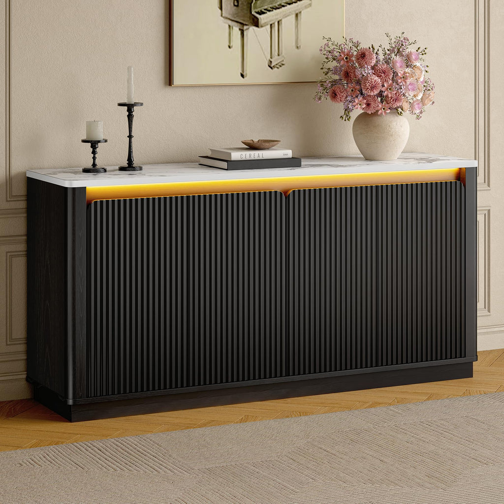 ONBRILL 61" Fluted Buffet Cabinet with Faux Marble Top and LED Light, Curved Sideboard Cabinet with Storage, Coffee Bar with 4 Doors and 2 Adjustable Shelves for Living Room, Kitchen, Entryway (Black)