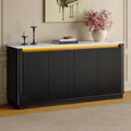 ONBRILL 61" Fluted Buffet Cabinet with Faux Marble Top and LED Light, Curved Sideboard Cabinet with Storage, Coffee Bar with 4 Doors and 2 Adjustable Shelves for Living Room, Kitchen, Entryway (Black)