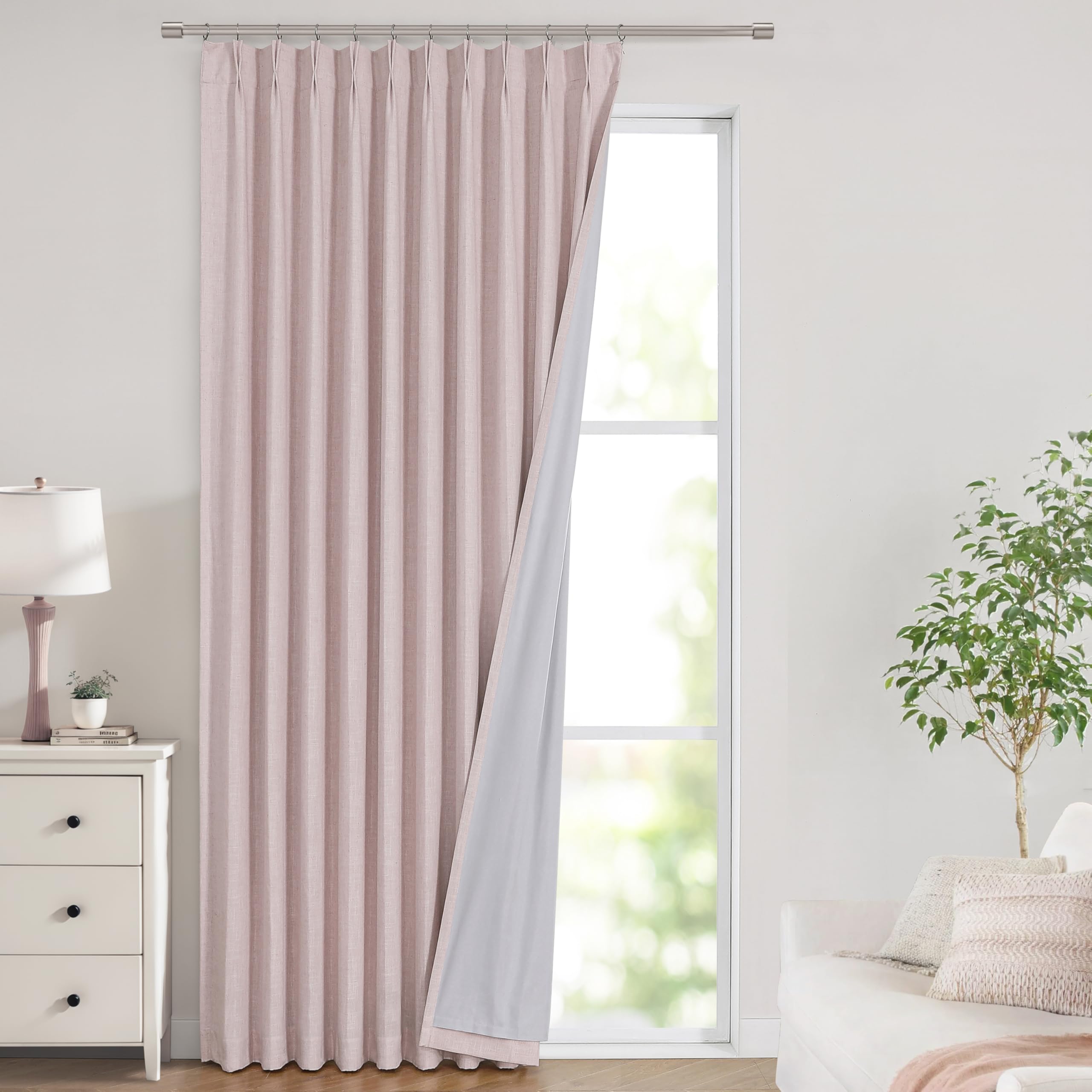 Vision Home Natural Pinch Pleated Full Blackout Curtains Linen Blended Room Darkening Window Curtains 90 inch for Living Room Bedroom Thermal Insulated Pinch Pleat Drapes with Hooks 2 Panel 40"Wx90"L