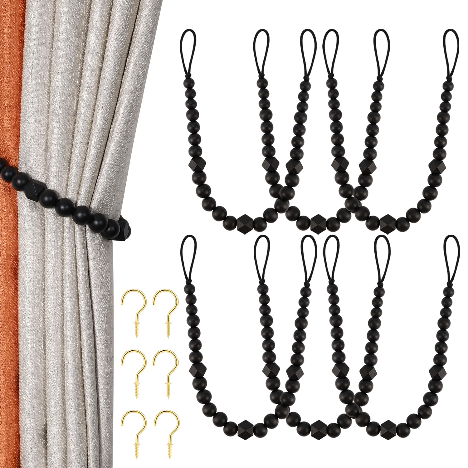 Wood Bead Curtain Tiebacks, KLOGTSIND Set of 2 Curtain Holdbacks for Thin or Thick Window Draperies, Boho Farmhouse Curtain Tiebacks with Hooks, Curtain Tie Backs for Home Office Room Decor