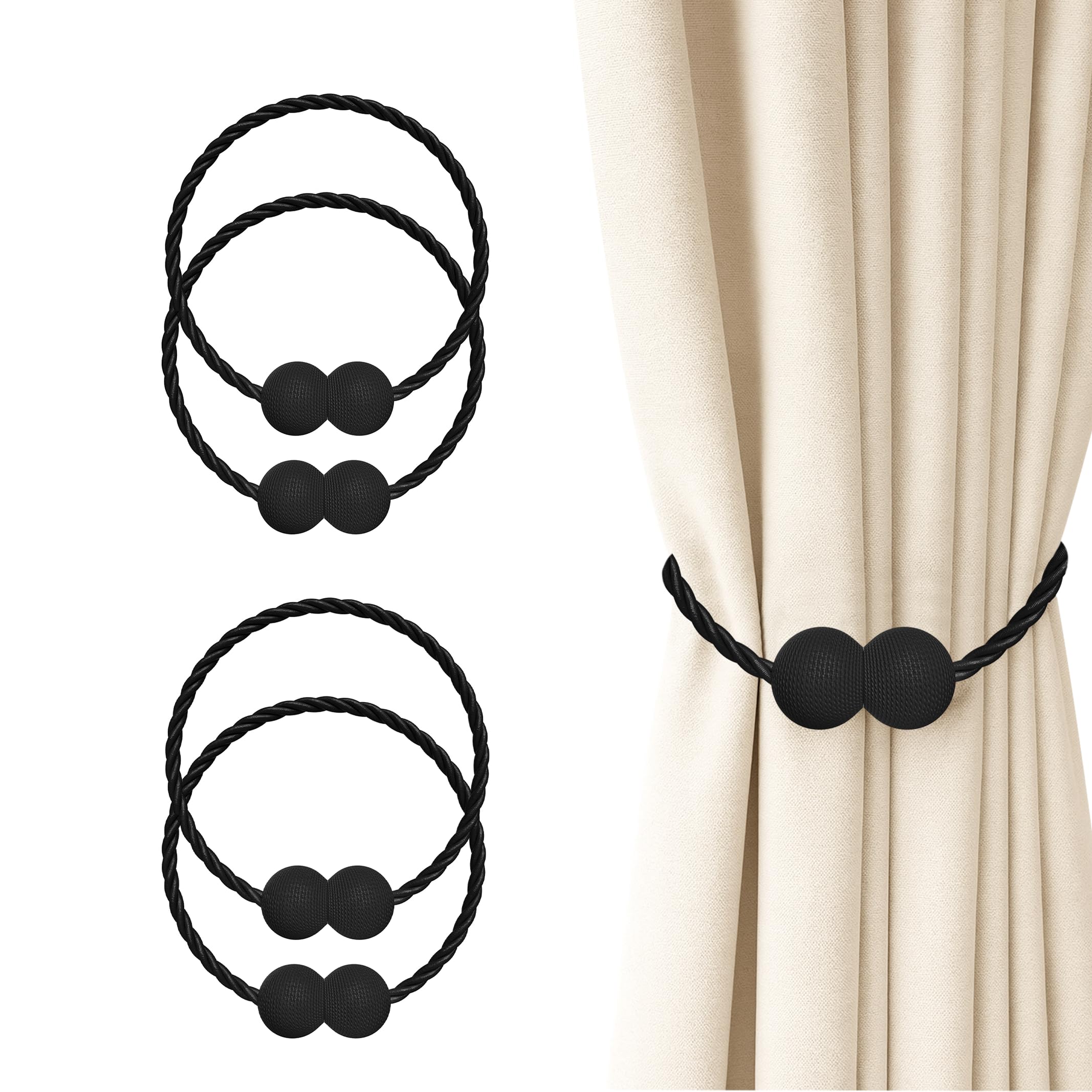 Hion Magnetic Curtain Tiebacks Black 2pcs, Curtain Tiebacks Buckles Holdbacks Holders Hooks Clip for Home Outdoor Bedroom Office Decorative Curtain
