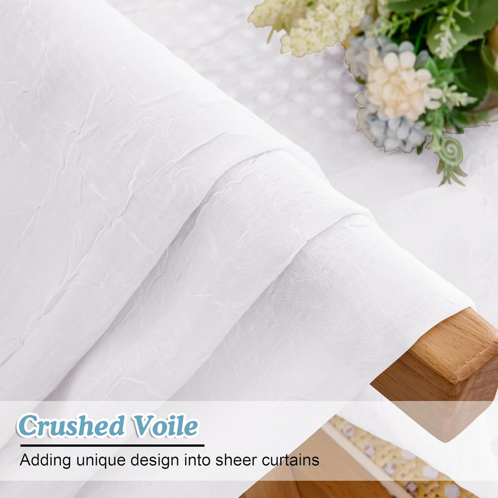 Chyhomenyc Crushed Sheer White Curtains 84 Inch Length 2 Panels, Light Filtering Solid Crinkle Voile Lightweight Textured Sheer Curtian for Bedroom, Each 42Wx84L Inches