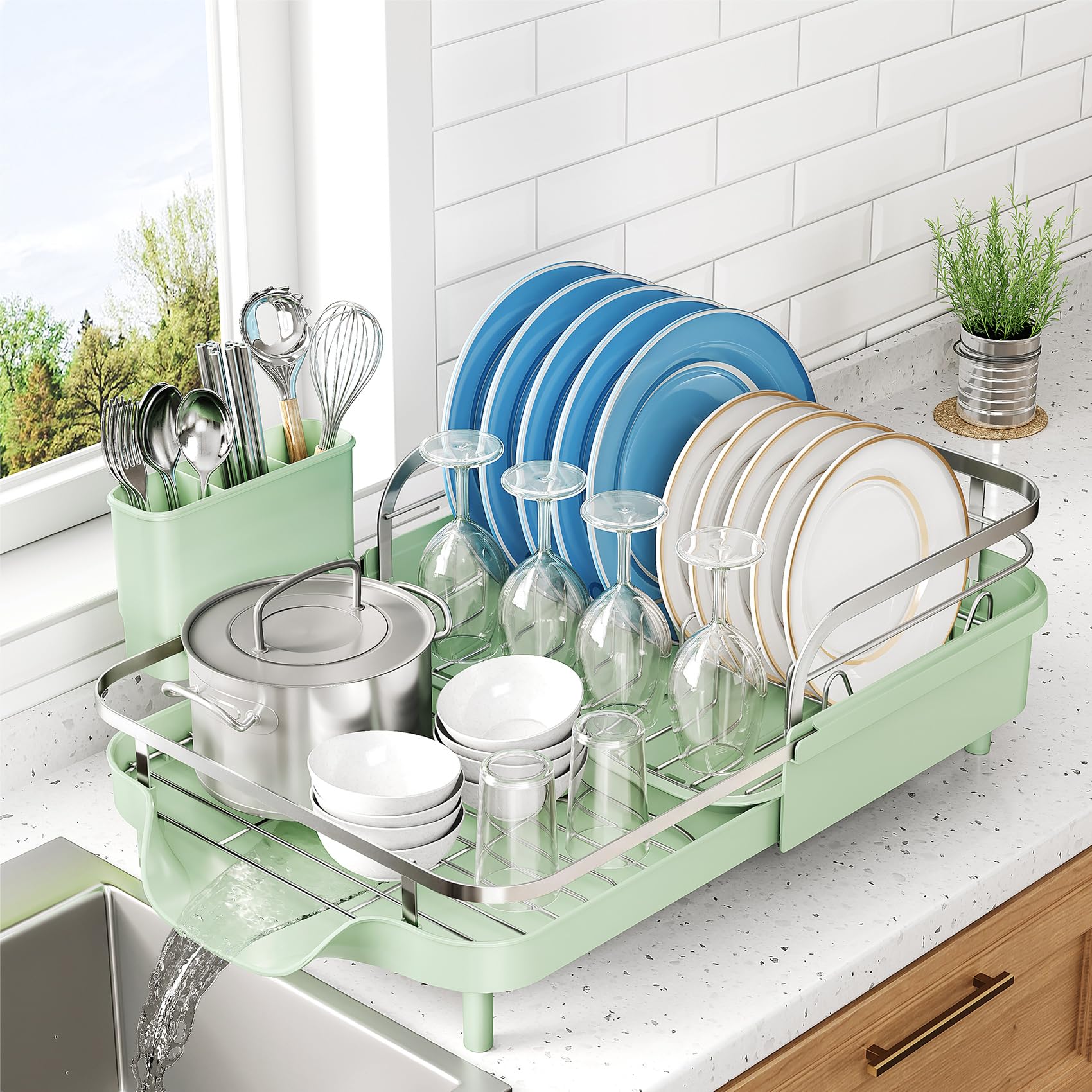 SNTD Dish Drying Rack, Expandable Dish Rack for Kitchen Counter, Stainless Steel Dish Drainer with Drainboard Set and Utensil Holder (Black)