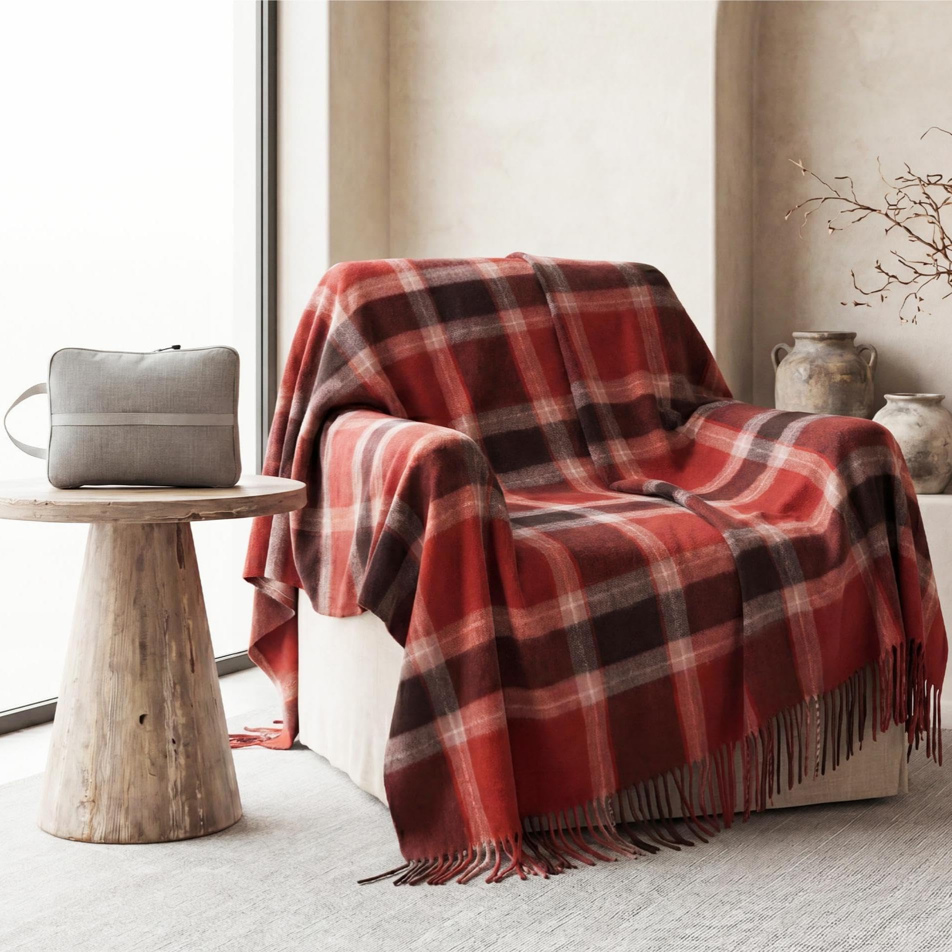 Soft Pure Wool Throw Blanket, Lightweight Warmth, 55"x83", Plaid, Fringe, Compact with Bag, Useful Gift for Women Men, All Season Decorative Cozy Travel Blanket for Couch Bed, Outdoors