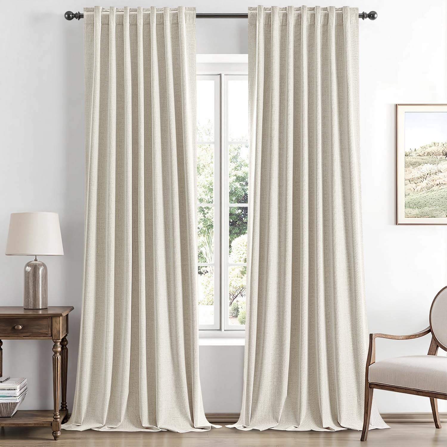 MIULEE 100% Blackout Linen Curtains for Bedroom, Ivory Solid Luxury Decor Thermal Insulation Room Darkening Drapes for Living Room Nursery Back Tab Rod Pocket 42 x 84 Inches, 2 Panels
