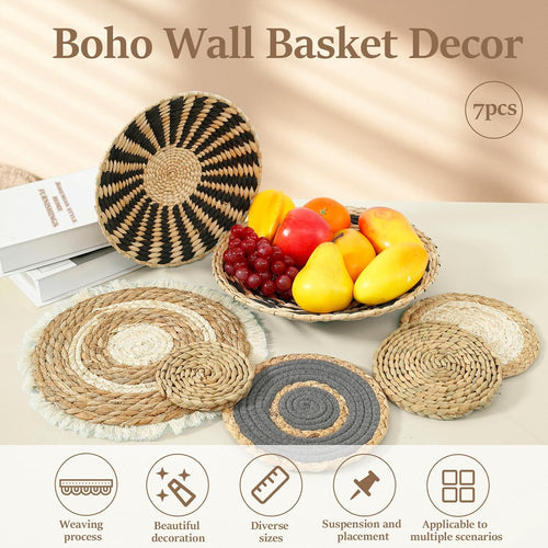 7 Pack Boho Wall Basket Decor,Seagrass Rattan Wicker Boho Wall Decor,Hanging Woven Wall Basket Decor,Round Flat Seagrass Baskets Wall Art, Round Wall Art for Farmhouse Bedroom Living Room Display