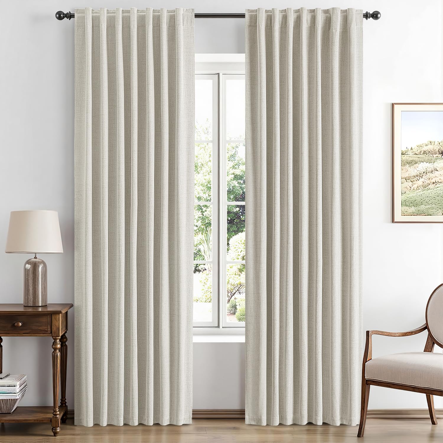MIULEE 100% Blackout Linen Curtains for Bedroom, Ivory Solid Luxury Decor Thermal Insulation Room Darkening Drapes for Living Room Nursery Back Tab Rod Pocket 42 x 84 Inches, 2 Panels