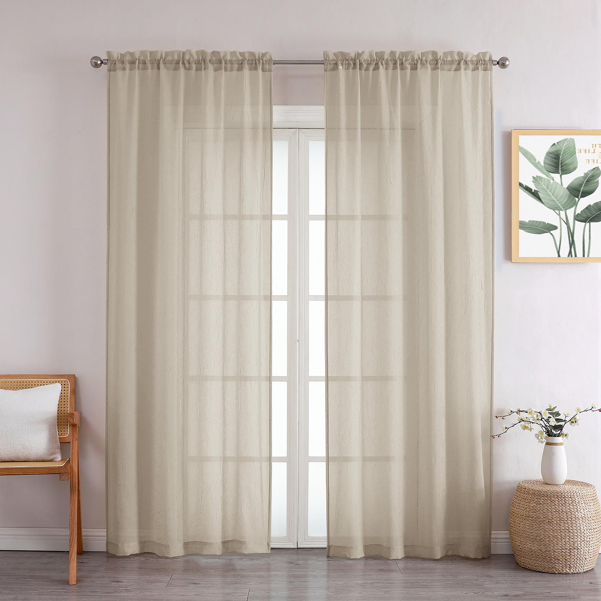 Chyhomenyc Crushed Sheer White Curtains 84 Inch Length 2 Panels, Light Filtering Solid Crinkle Voile Lightweight Textured Sheer Curtian for Bedroom, Each 42Wx84L Inches