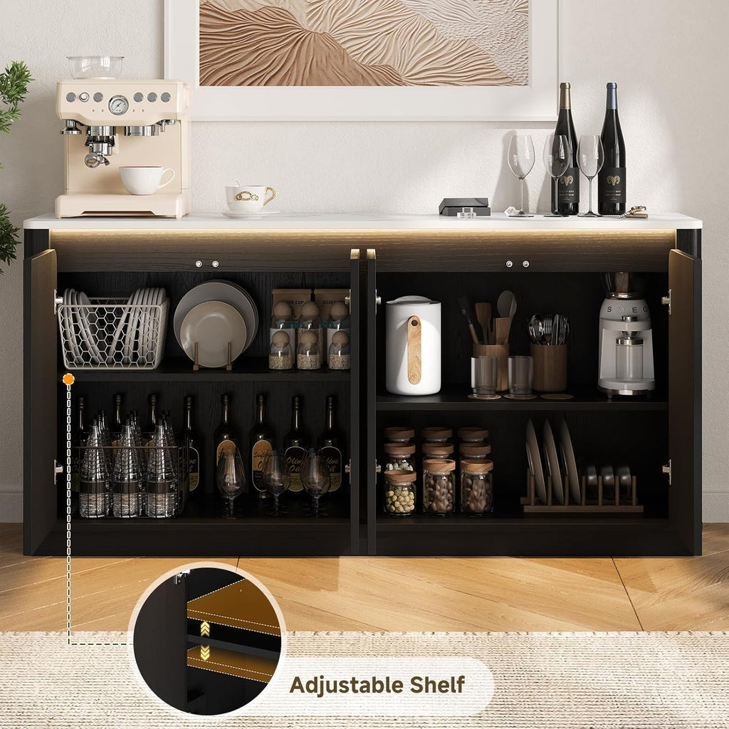 ONBRILL 61" Fluted Buffet Cabinet with Faux Marble Top and LED Light, Curved Sideboard Cabinet with Storage, Coffee Bar with 4 Doors and 2 Adjustable Shelves for Living Room, Kitchen, Entryway (Black)