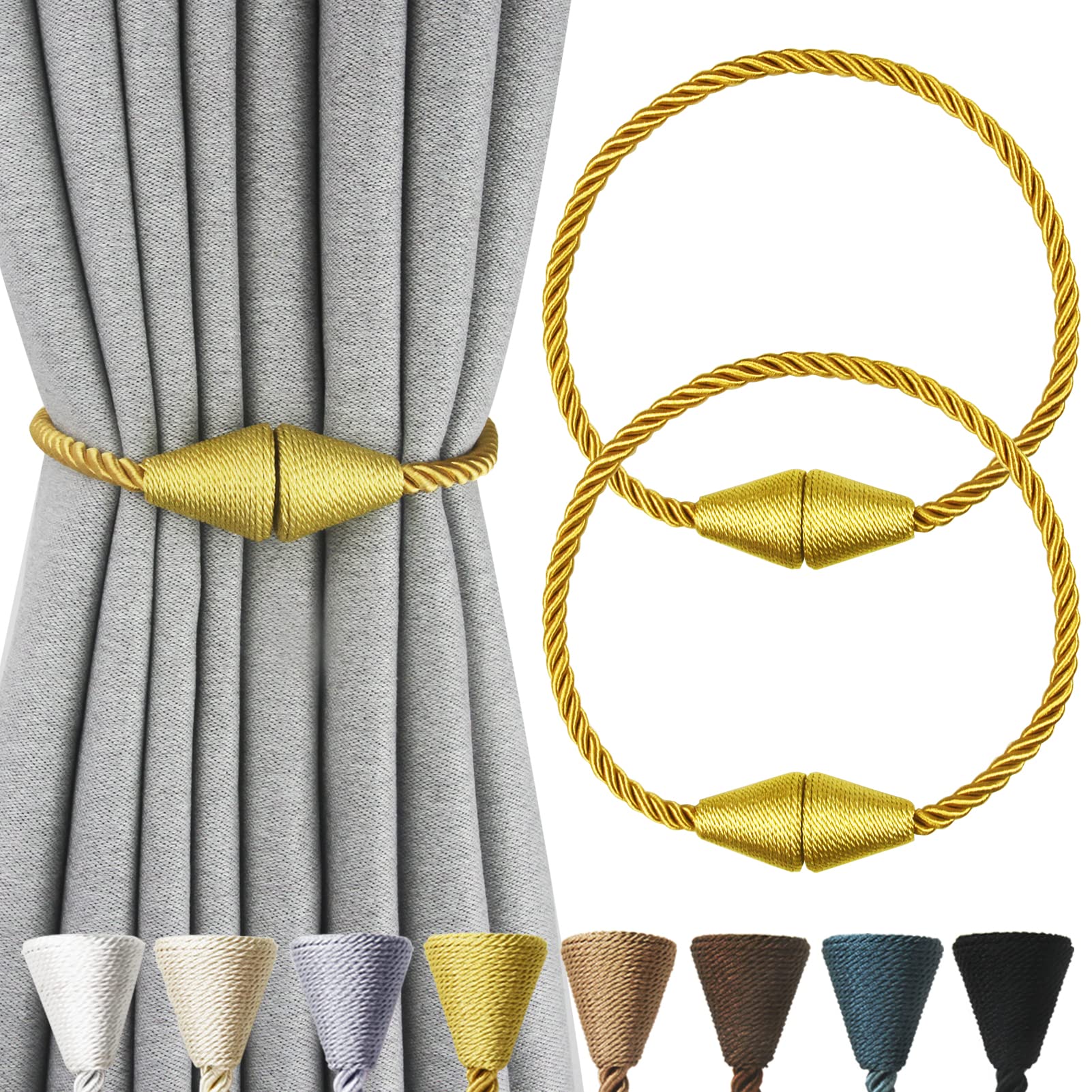 2 Pack Magnetic Curtain Tiebacks Rope Modern Handmade Curtain Tie Backs Decorative Drapes Weave Holdbacks for Window Décor, Khaki
