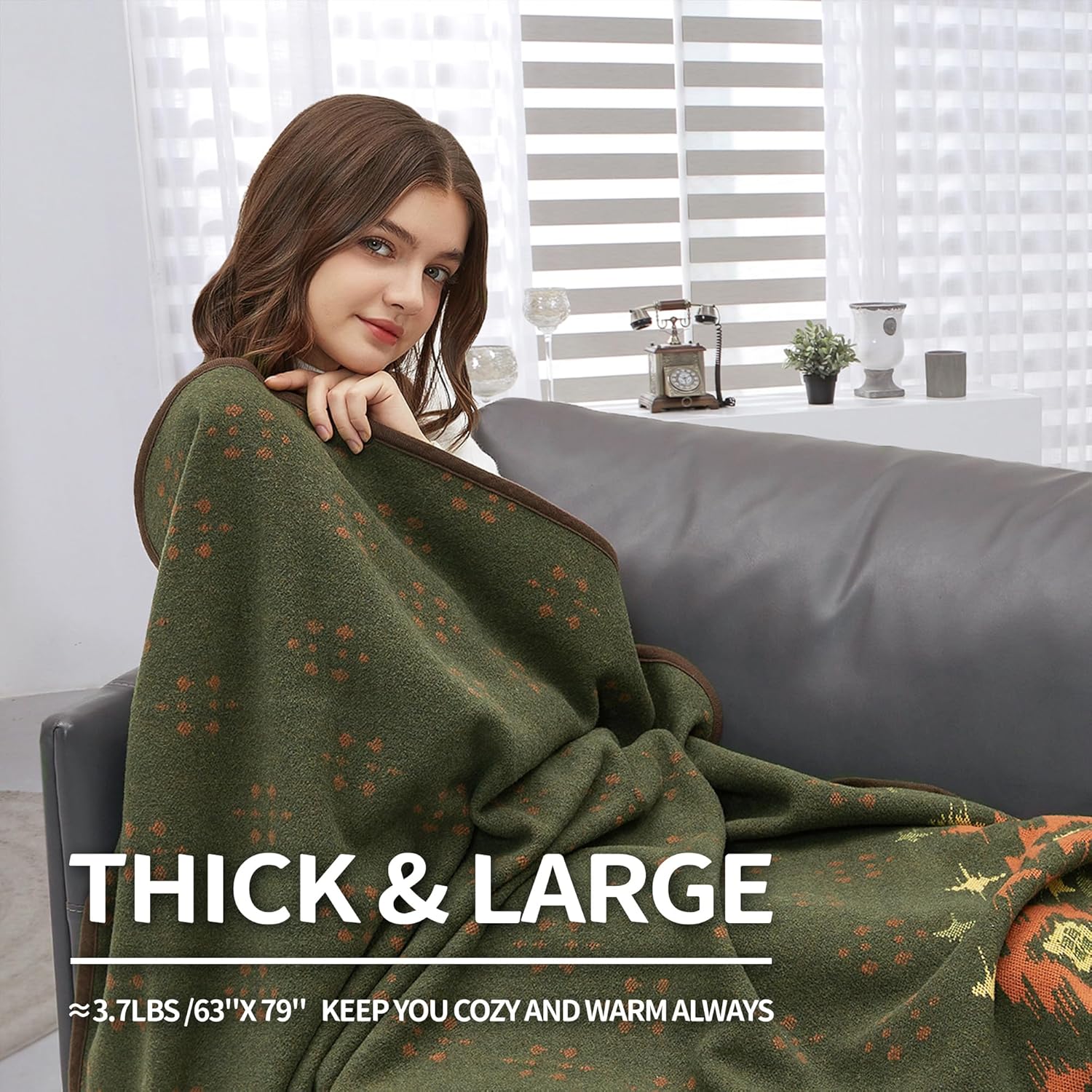 ACUSHLA Merino Wool Blanket - Warm Thick Washable Large Bed Couch Outdoor Camping Sleeping Throw Blanket All Seasons, Myers Green 79x63