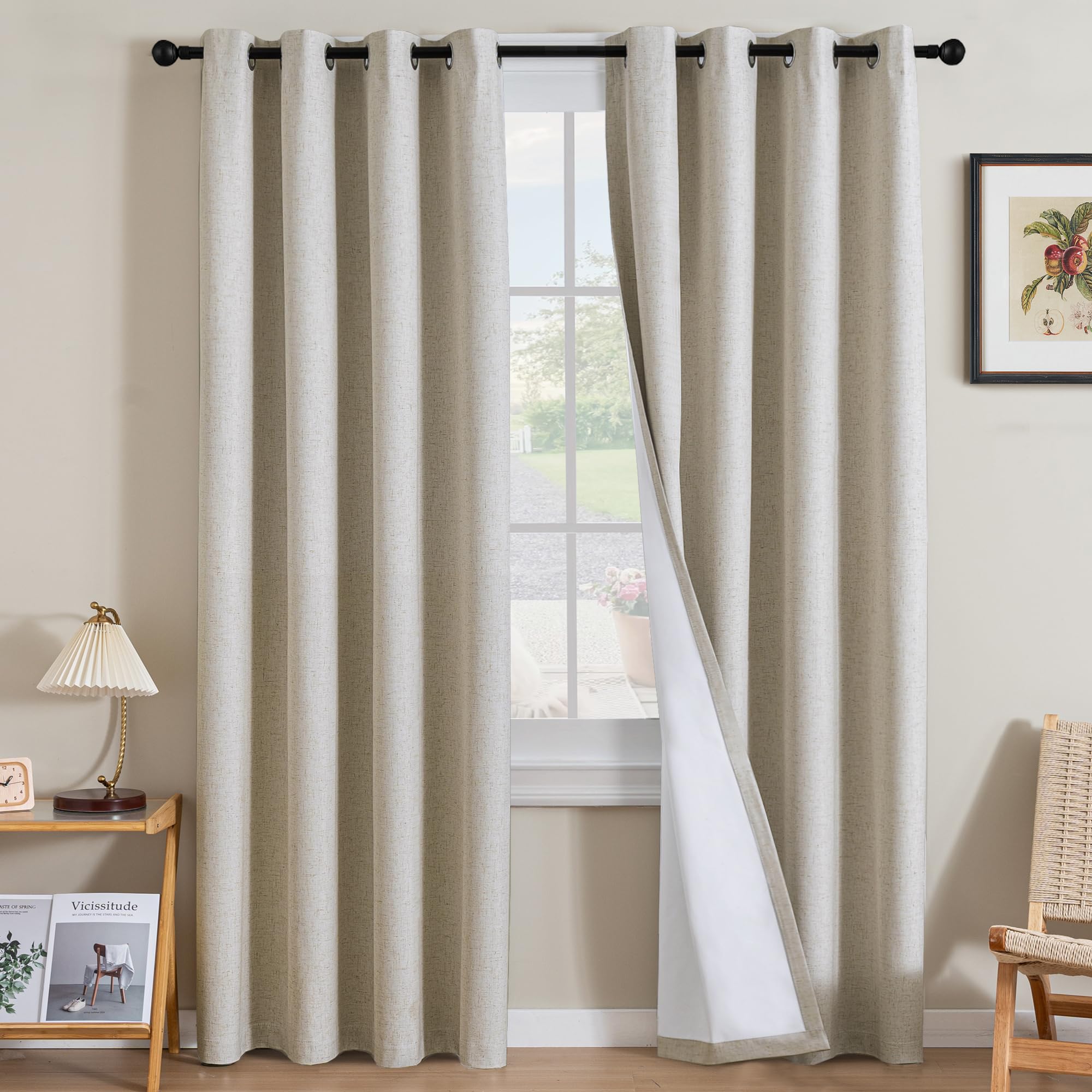 H.VERSAILTEX 100% Blackout Curtains Ivory, Linen Blackout Curtains 96 inch Curtains 2 Panel Set, Elegant Curtain for Bedroom Grommet Drapes for Living Room