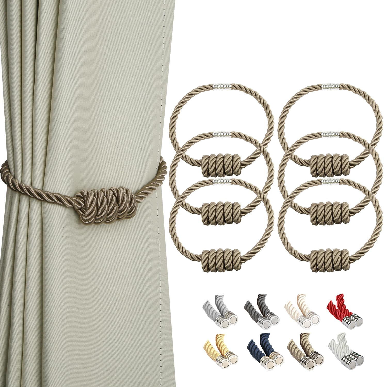 BEL AVENIR Magnetic Jute Curtain Tiebacks, Decorative Drapery Holdbacks Bohemian Style Woven Tie-Backs with Exquisite Knot (Jute, 2 Pack)