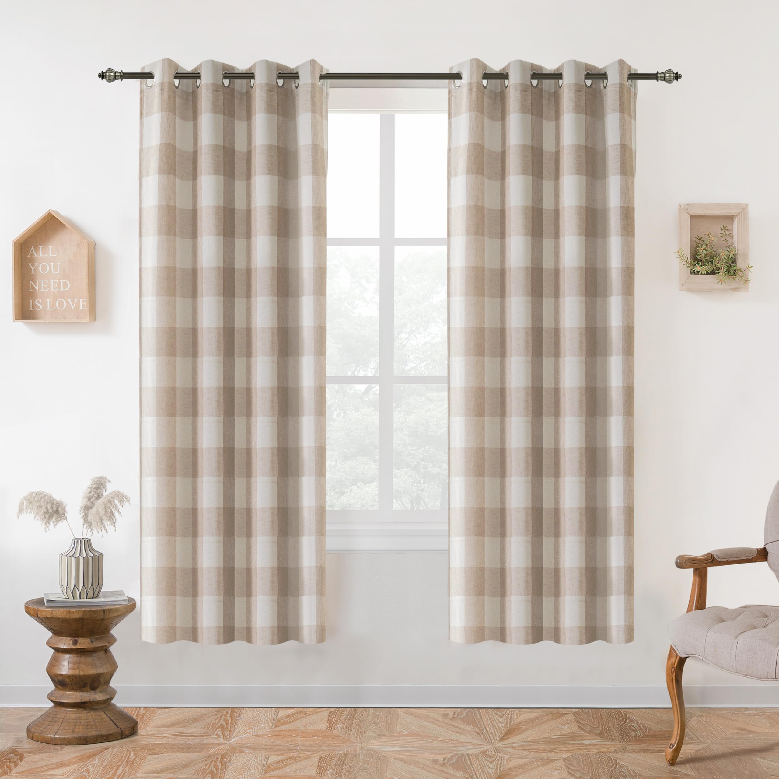 DriftAway Buffalo Plaid Blackout Curtains Linen Textured Farmhouse Double Layer Thermal Insulated Yarn Dyed Woven Checkered Gingham Grommet Drapes for Living Room 2 Panels Each 52W x 84L Taupe