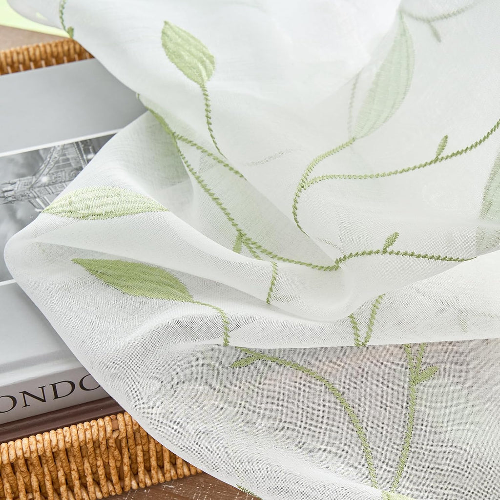 Lazzzy Sheer Curtains Embroidered Floral Leaf Voile Drapes for Bedroom Living Room Back Tabs Window Treatments 2 Panels 84 Inches Green on White