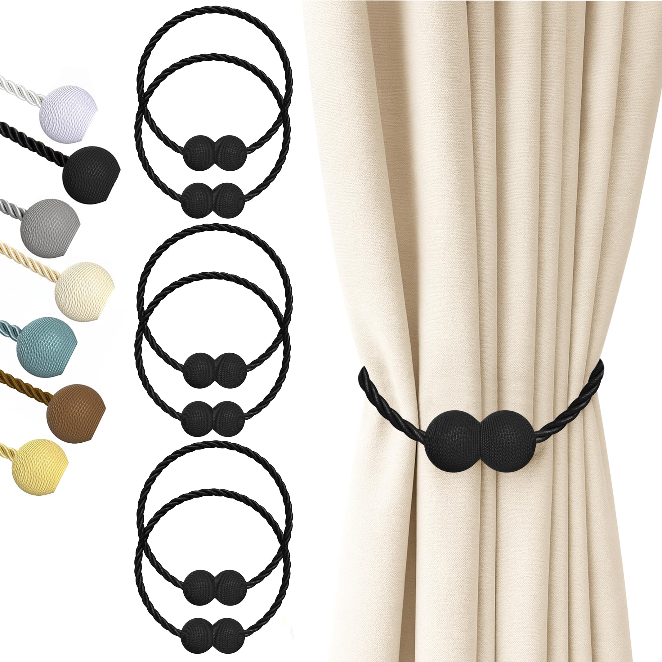 Hion Magnetic Curtain Tiebacks Black 2pcs, Curtain Tiebacks Buckles Holdbacks Holders Hooks Clip for Home Outdoor Bedroom Office Decorative Curtain