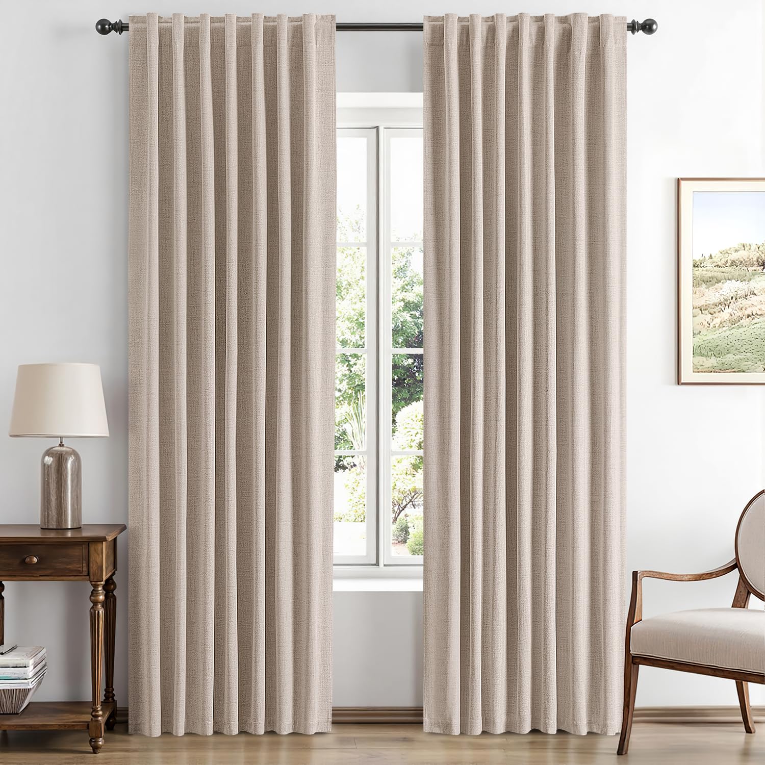 MIULEE 100% Blackout Linen Curtains for Bedroom, Ivory Solid Luxury Decor Thermal Insulation Room Darkening Drapes for Living Room Nursery Back Tab Rod Pocket 42 x 84 Inches, 2 Panels