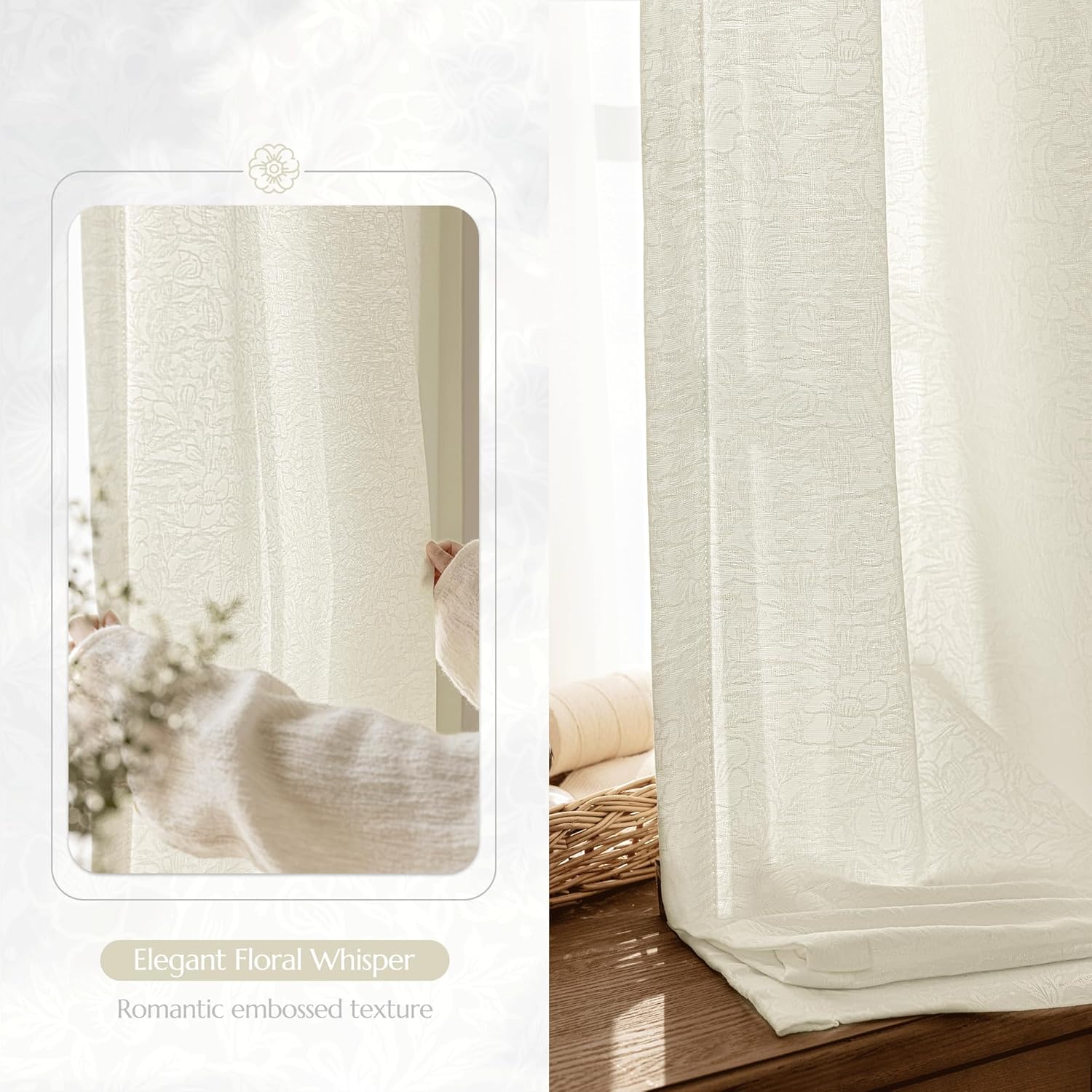 Beauoop Beige Semi Sheer Curtains 84 Inches Long for Living Room, Floral Jacquard Voile Light Filtering Privacy Curtains for Bedroom Dining Room Flower Textured Rod Pocket Window Drapes, 2 Panels
