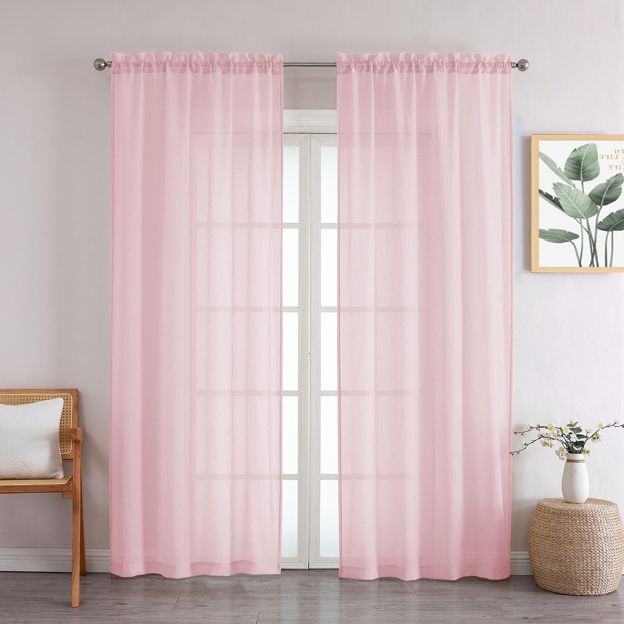 Chyhomenyc Crushed Sheer White Curtains 84 Inch Length 2 Panels, Light Filtering Solid Crinkle Voile Lightweight Textured Sheer Curtian for Bedroom, Each 42Wx84L Inches