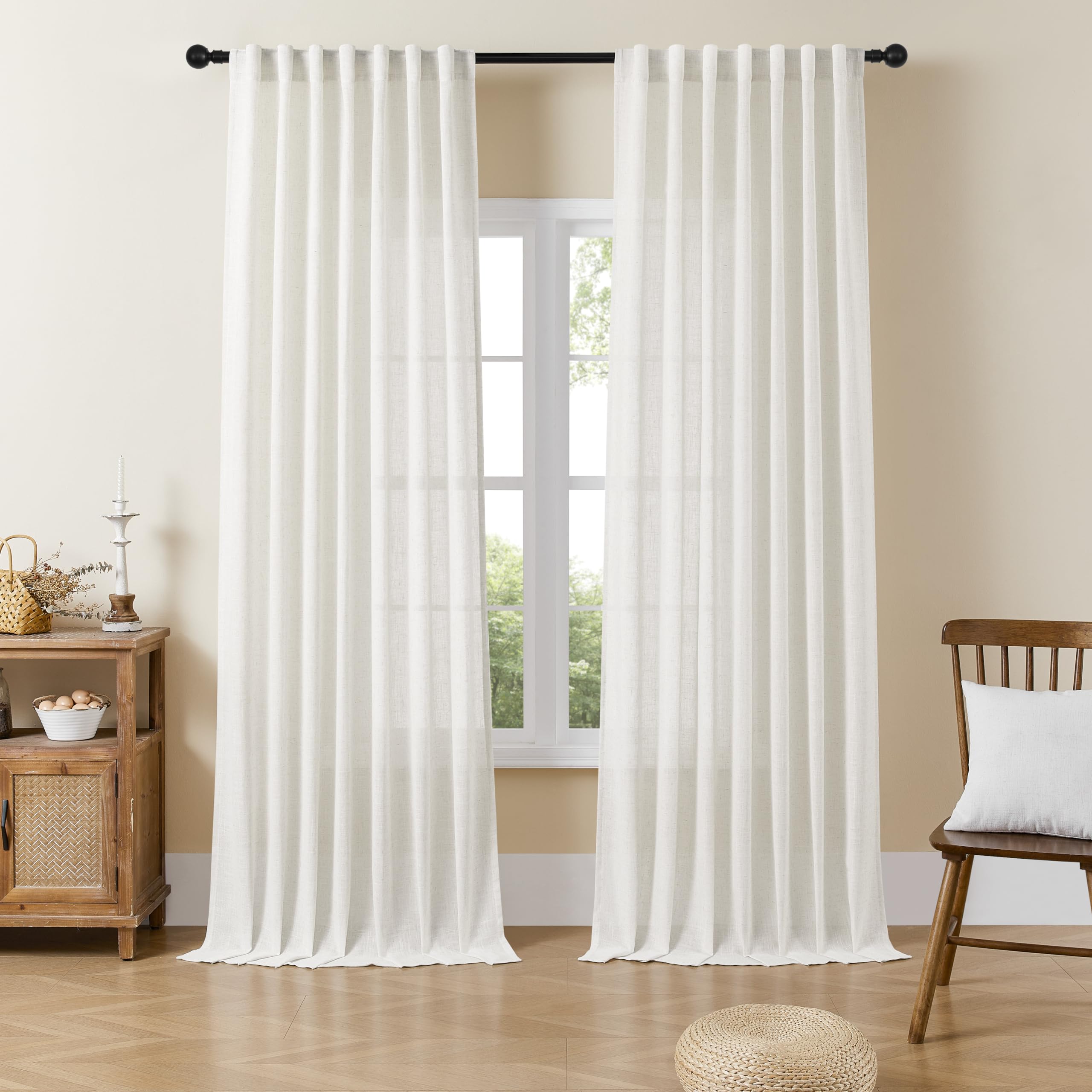 Joydeco Curtains, 108 Inches Long, 2 Panels Set, Farmhouse Drapes for Living Room, Semi-Blackout, Linen-Polyester, Ivory on Linen, Rod Pocket