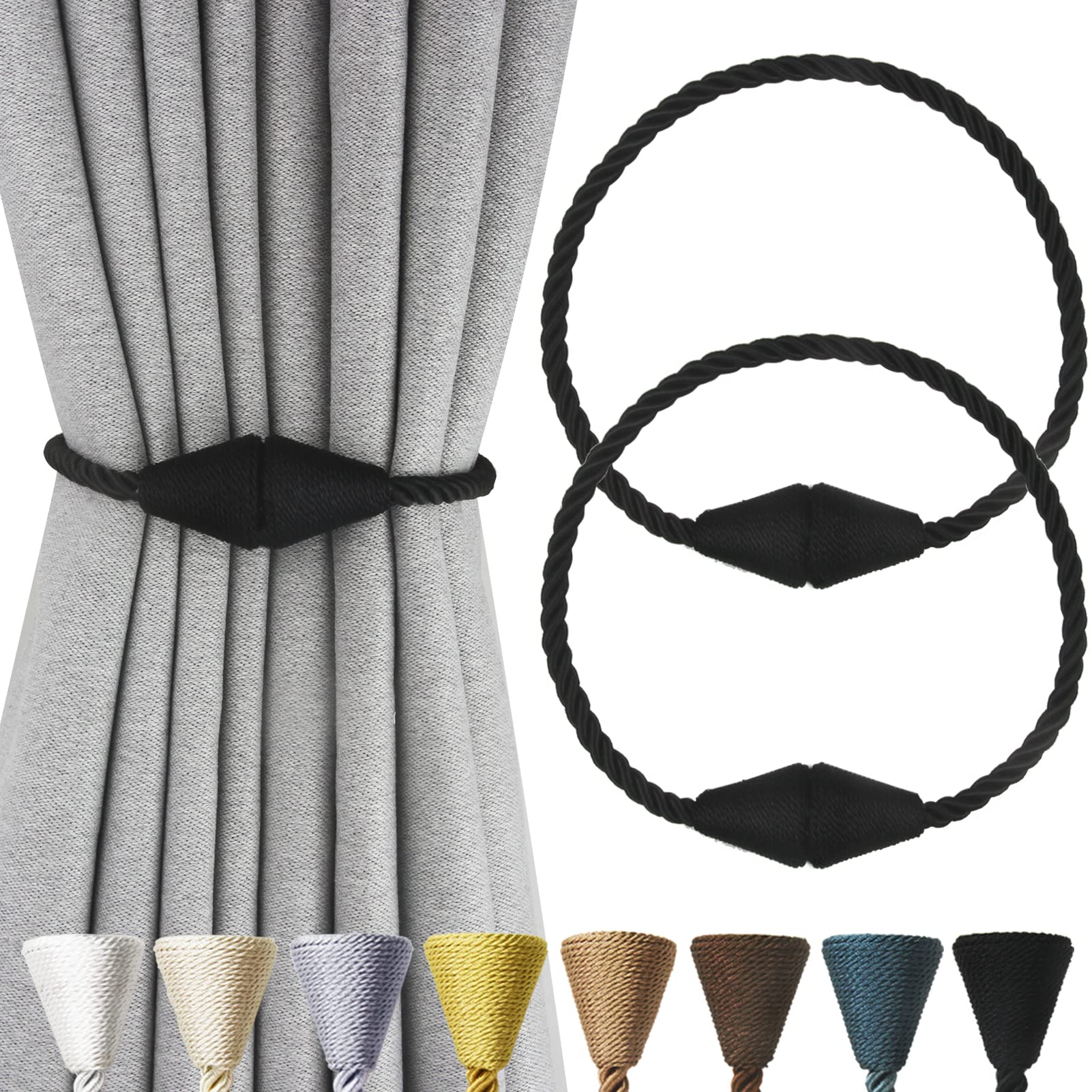 2 Pack Magnetic Curtain Tiebacks Rope Modern Handmade Curtain Tie Backs Decorative Drapes Weave Holdbacks for Window Décor, Khaki
