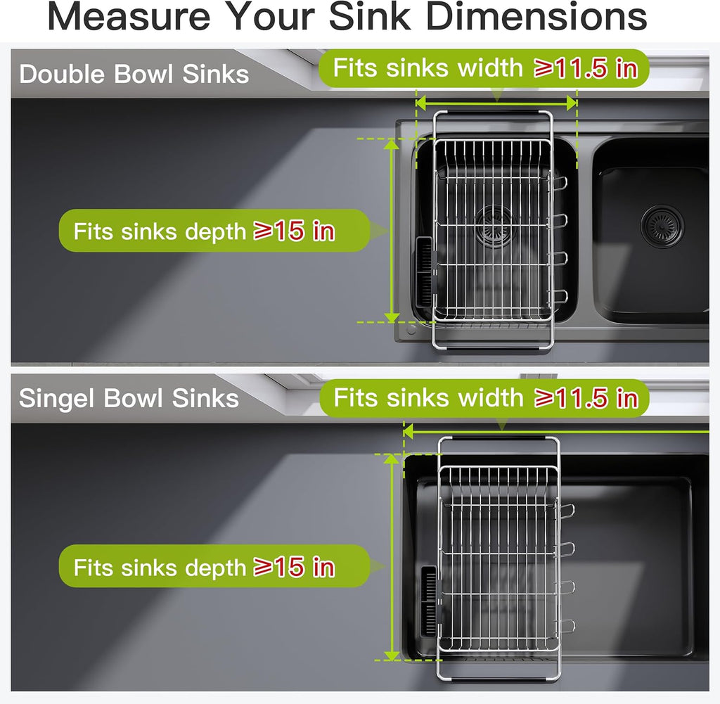 JASIWAY Dish Drying Rack in Sink, Expandable Stainless Steel Dish Drainers for Kitchen Counter, Dish Dryer Rack for Inside Sink, Over The Sink Dish Racks with Utensil Holder, Silver