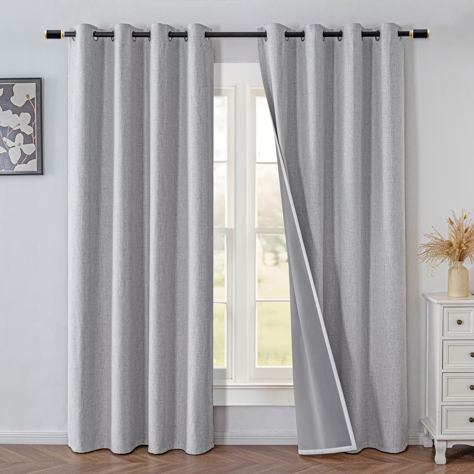 IGEMAEVE Black 100% Blackout Curtains 84 Inch Length 2 Panels Set, Black Out Curtains for Bedroom 84 Inch Long, Rod Pocket Energy Saving Room Darkening Drapes for Living Room Dining Room Window