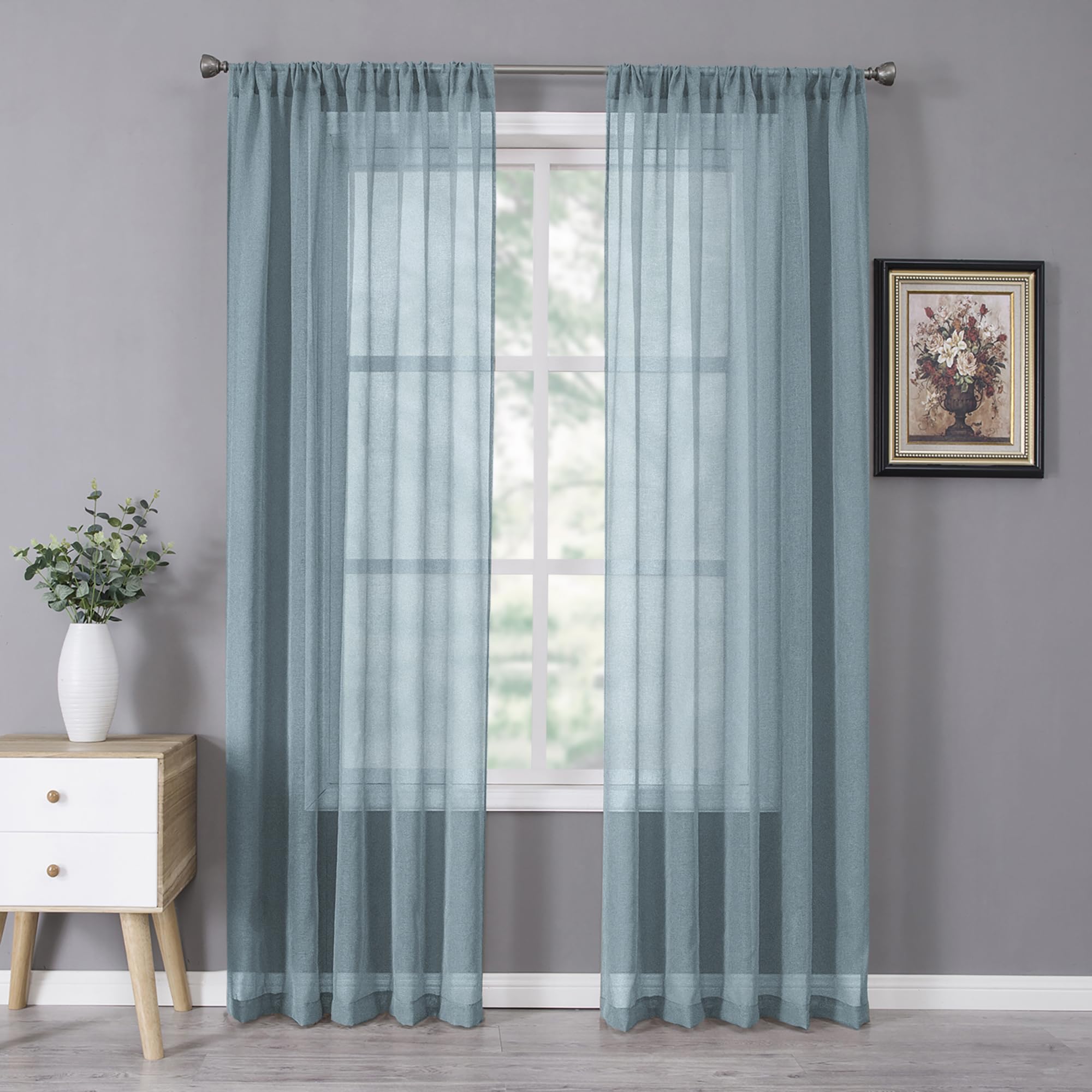 Tollpiz Short Sheer Curtains Linen Textured Bedroom Curtain Sheers Light Filtering Rod Pocket Voile Curtains for Living Room, 54 x 45 inches Long, White, Set of 2 Panels