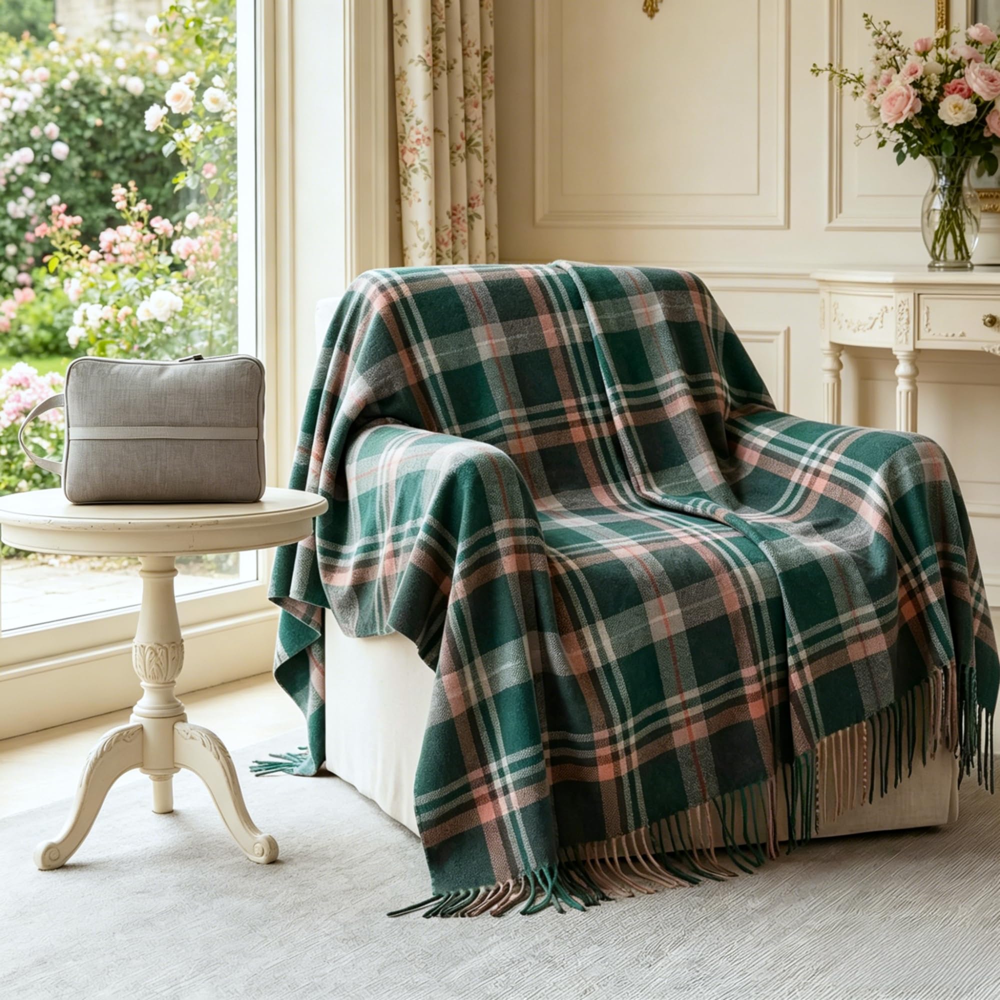 Soft Pure Wool Throw Blanket, Lightweight Warmth, 55"x83", Plaid, Fringe, Compact with Bag, Useful Gift for Women Men, All Season Decorative Cozy Travel Blanket for Couch Bed, Outdoors