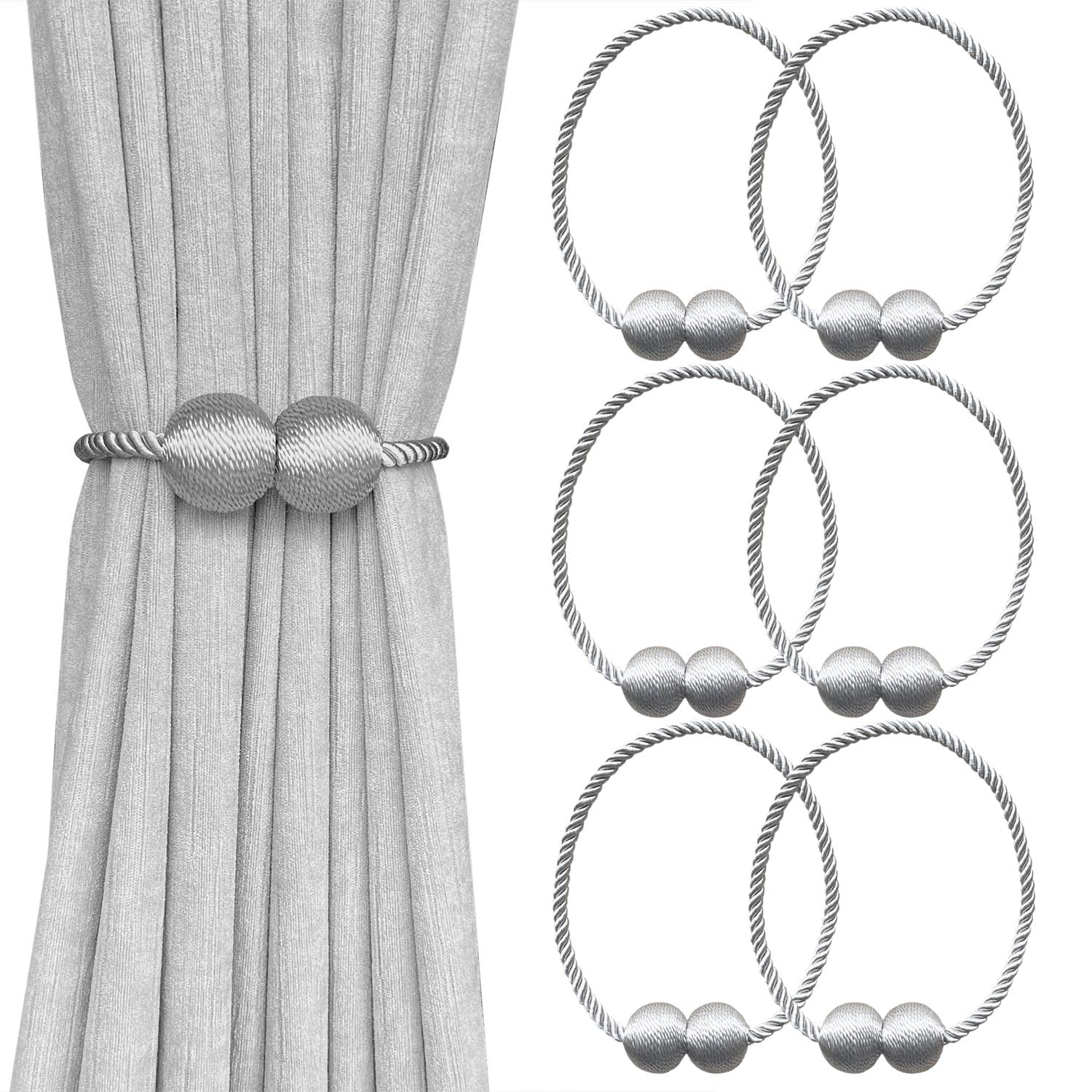 Melaluxe 6 Pack Magnetic Curtain Tiebacks, Decorative Curtain Holdbacks for Window Décor (Grey)