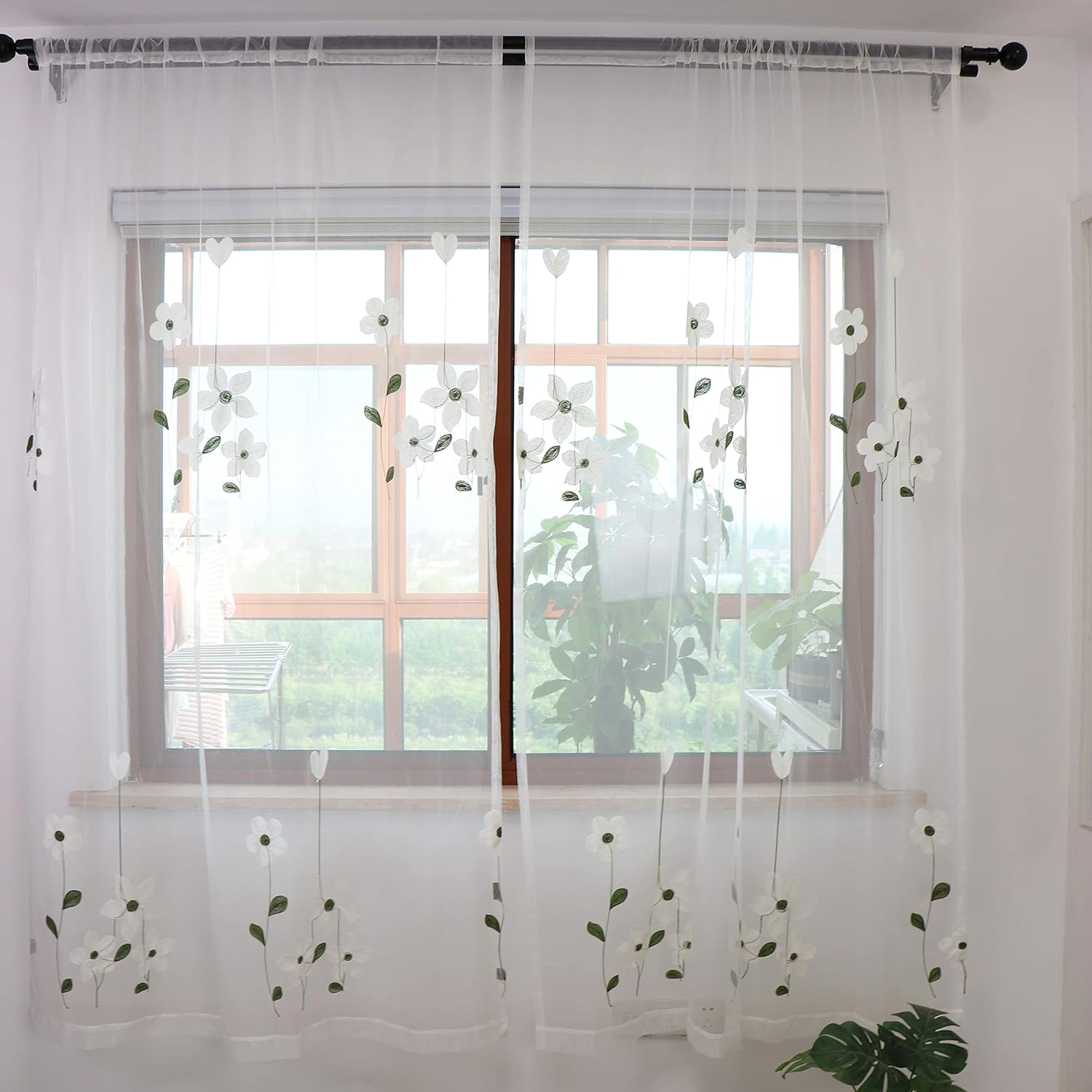 SLOW SOUL Set of 2 Panels White Magnolia Flower Embroidered Sheer Curtains for Bedroom Living Dining Room Window Treatments Drapes Villa Lace Curtain Voile Rod Pocket 52W X 90L inch